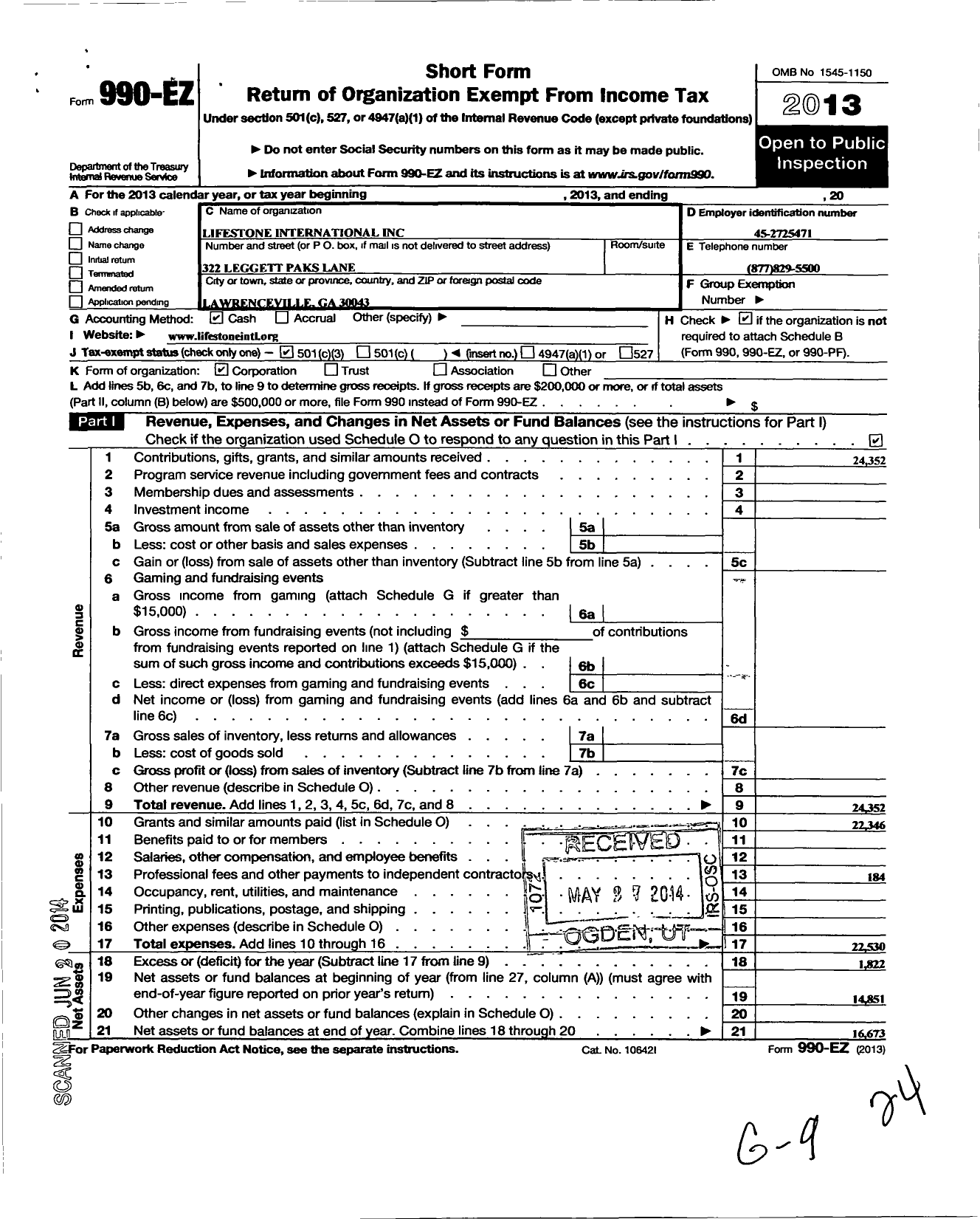 Image of first page of 2013 Form 990EZ for Lifestone International