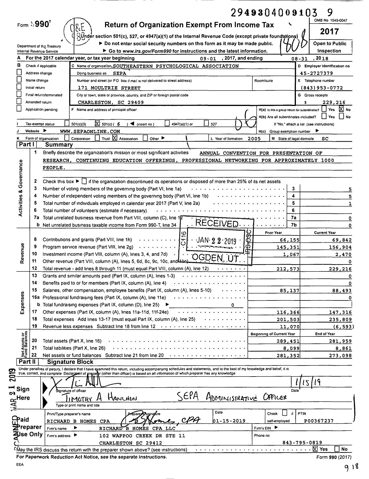 Image of first page of 2017 Form 990O for Southeastern Psychological Association (SEPA)