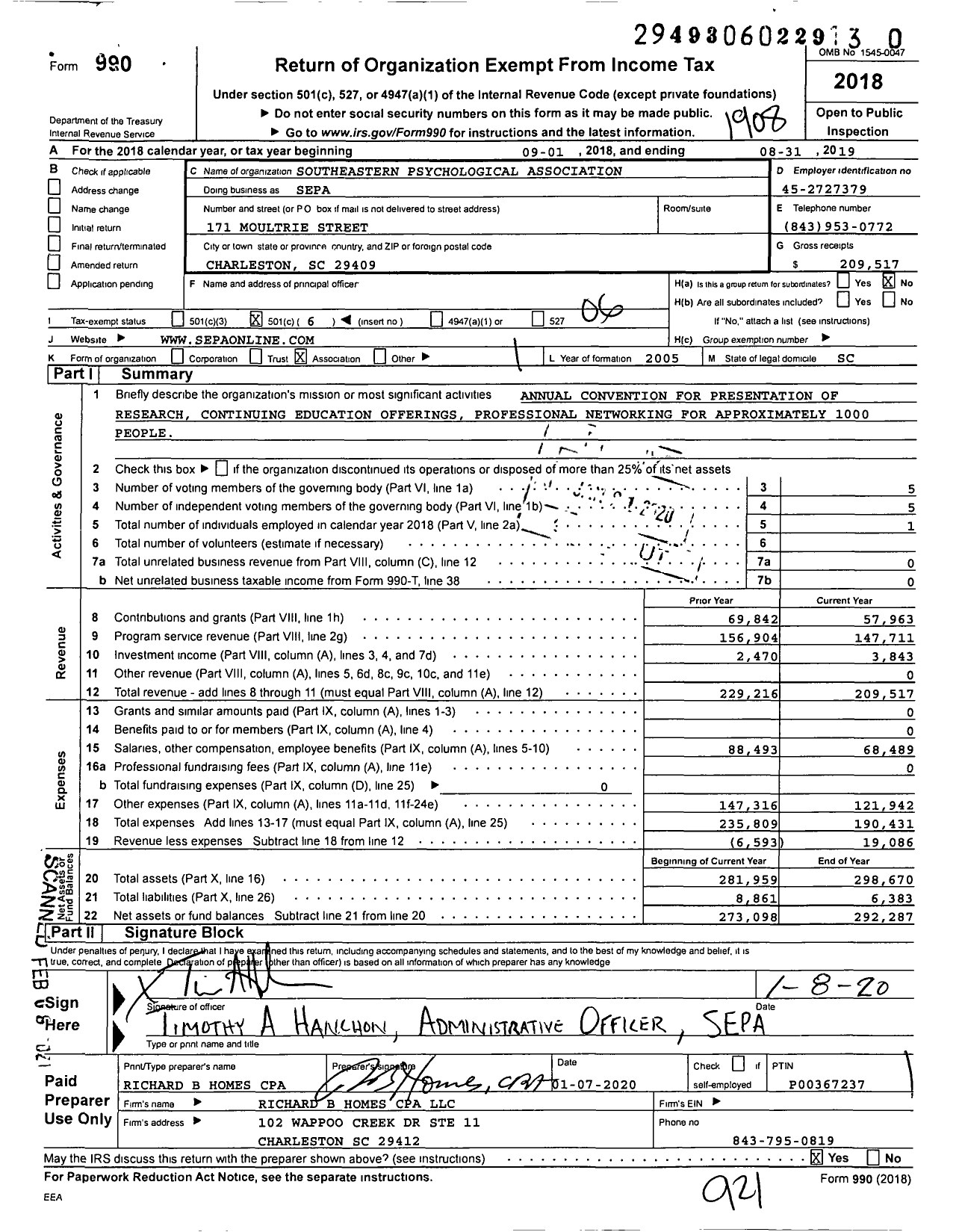 Image of first page of 2018 Form 990O for Southeastern Psychological Association (SEPA)