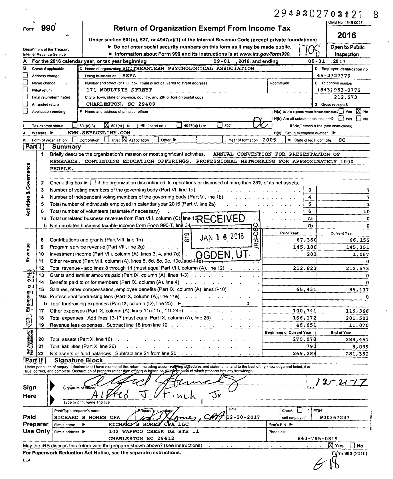 Image of first page of 2016 Form 990O for Southeastern Psychological Association (SEPA)