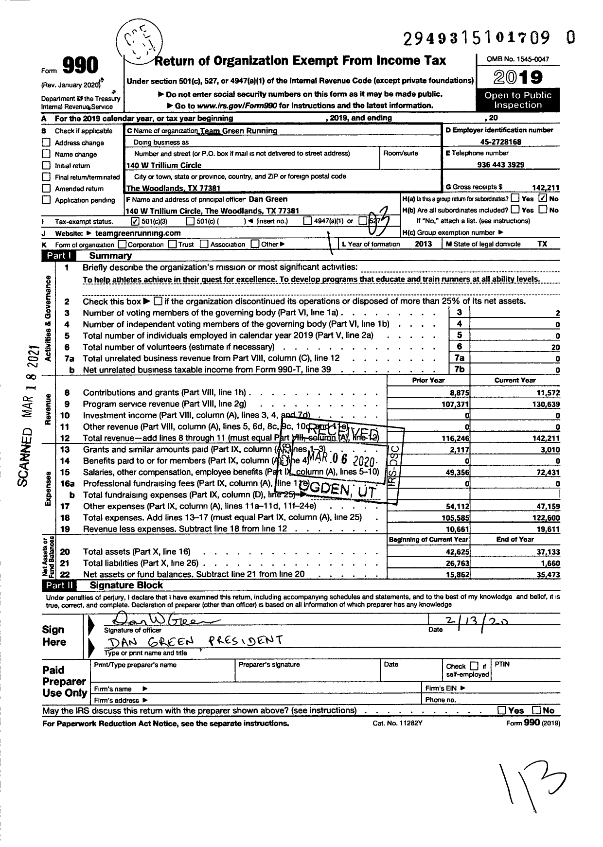 Image of first page of 2019 Form 990 for Team Green Running