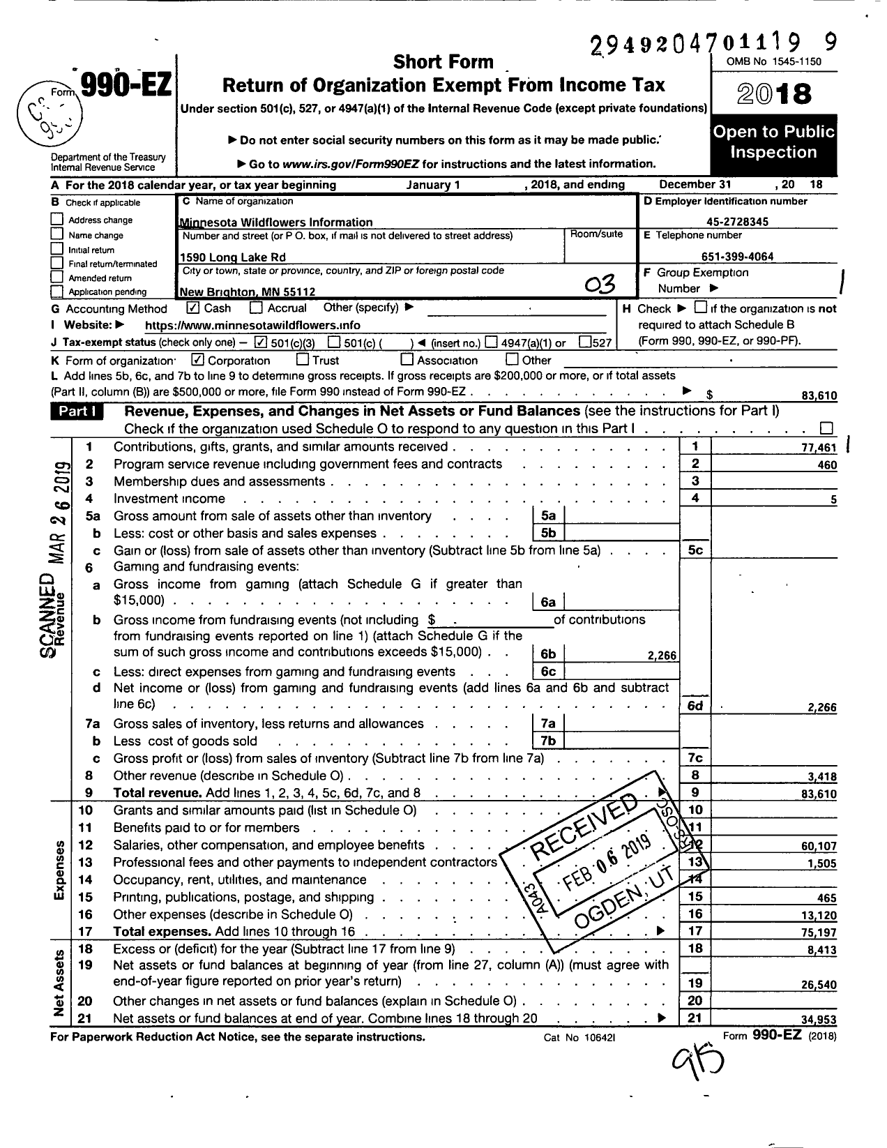 Image of first page of 2018 Form 990EZ for Minnesota Wildflowers Information