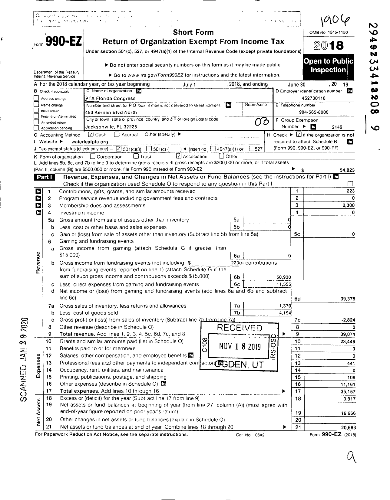 Image of first page of 2018 Form 990EZ for PTA Florida Congress - Waterleaf Elementary PTA