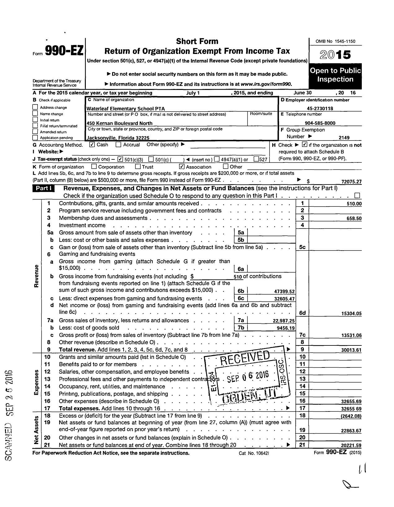 Image of first page of 2015 Form 990EZ for PTA Florida Congress - Waterleaf Elementary PTA