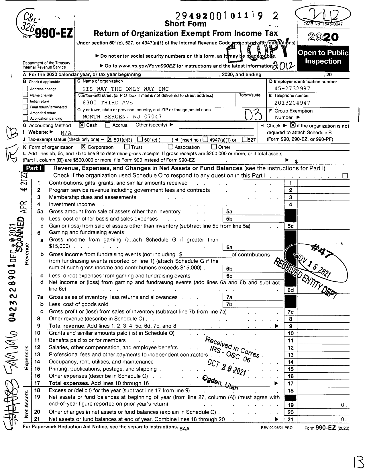 Image of first page of 2020 Form 990EZ for His Way the Only Way