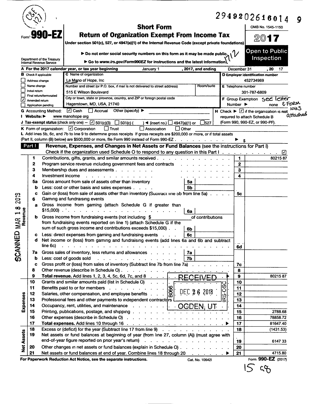 Image of first page of 2017 Form 990EZ for La Mano of Hope Incorporated