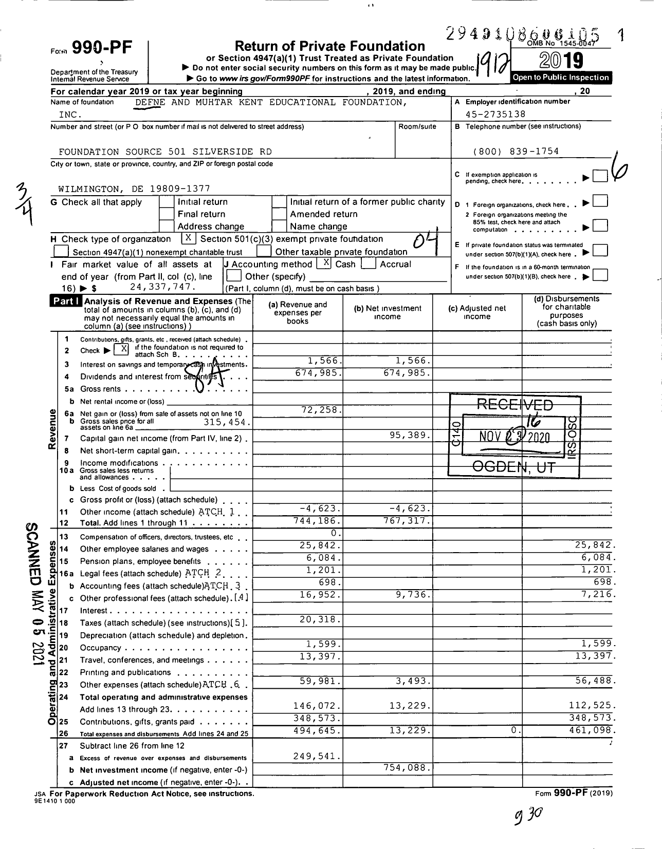 Image of first page of 2019 Form 990PF for Defne and Muhtar Kent Educational Foundation
