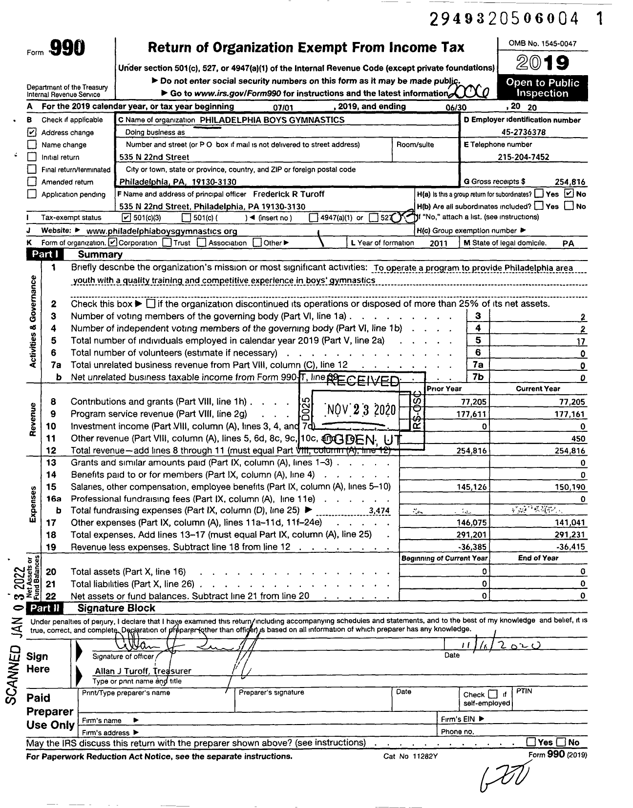 Image of first page of 2019 Form 990 for Philadelphia Boys Gymnastics