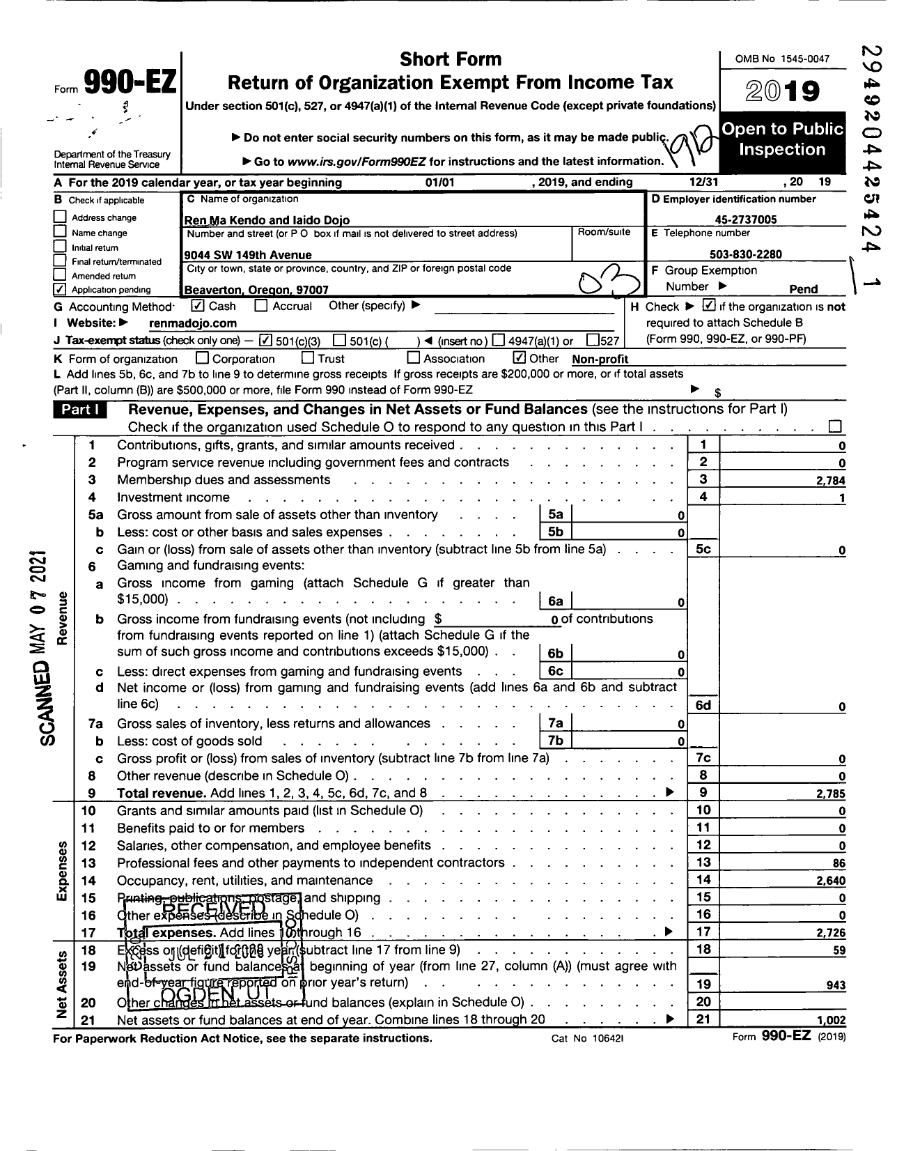 Image of first page of 2019 Form 990EZ for Shu Kendo Kai Iaido Dojo