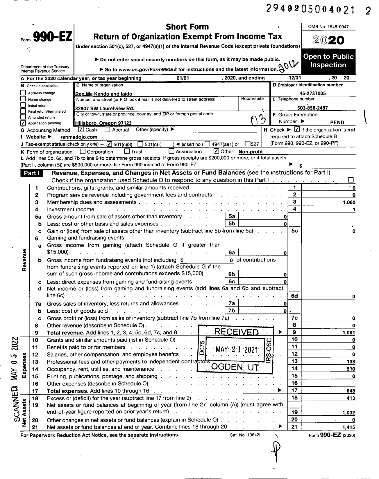 Image of first page of 2020 Form 990EZ for Shu Kendo Kai Iaido Dojo