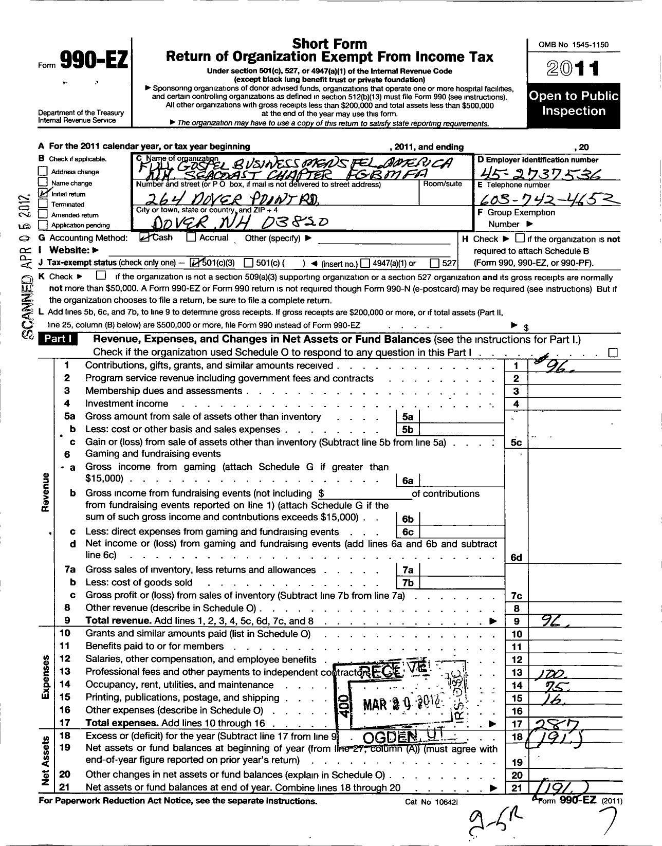 Image of first page of 2011 Form 990EZ for Full Gospel Business Mens Fellowship in America / NH-101 New Hampshire Seacoast CH