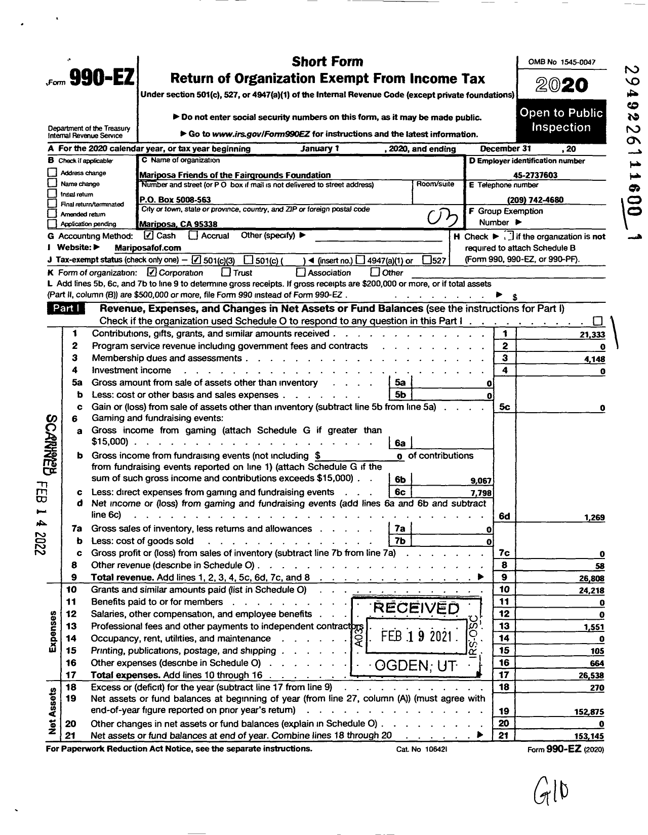 Image of first page of 2020 Form 990EZ for Mariposa Friends of the Fairgrounds Foundation