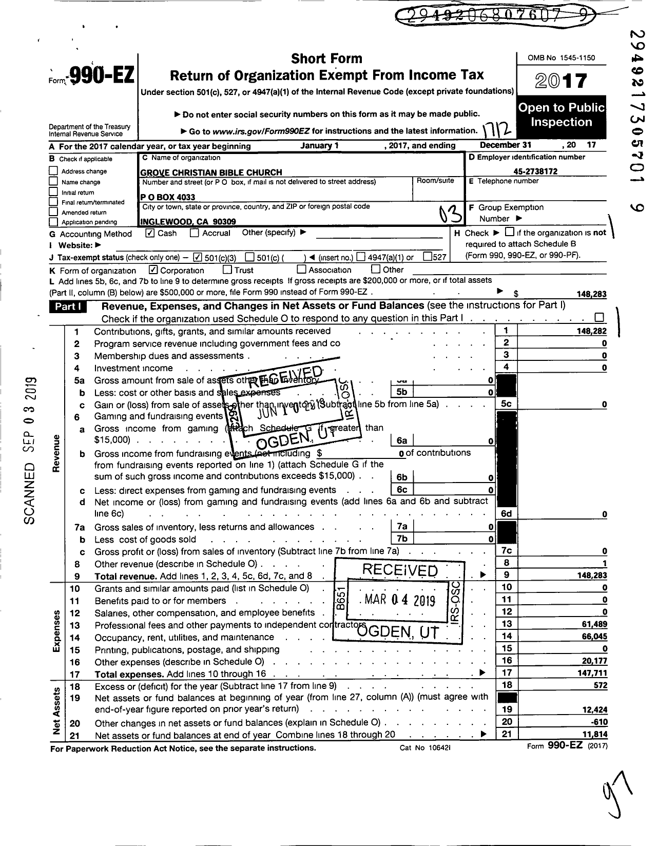 Image of first page of 2017 Form 990EZ for Grove Christian Bible Church