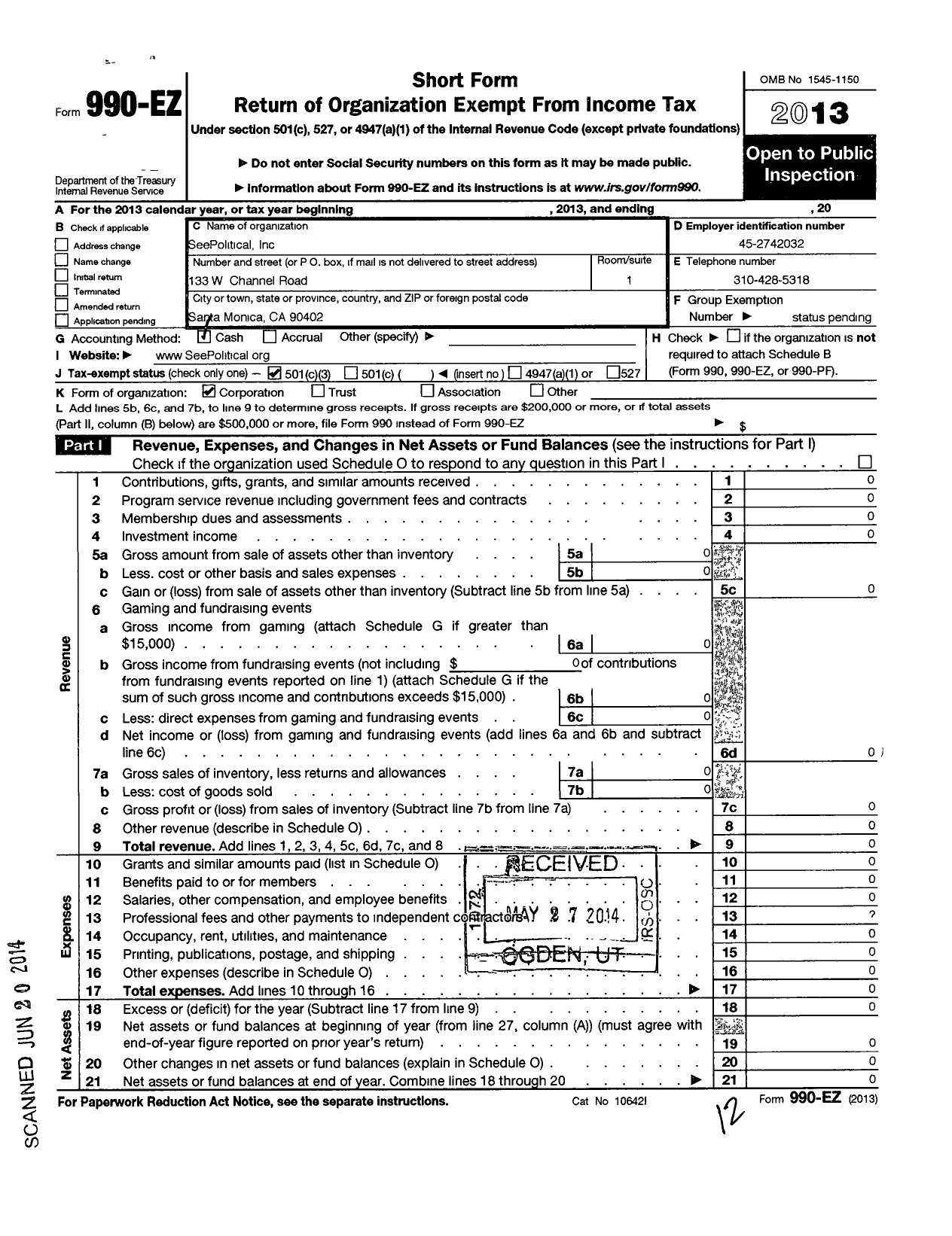 Image of first page of 2013 Form 990EZ for Seepolitical