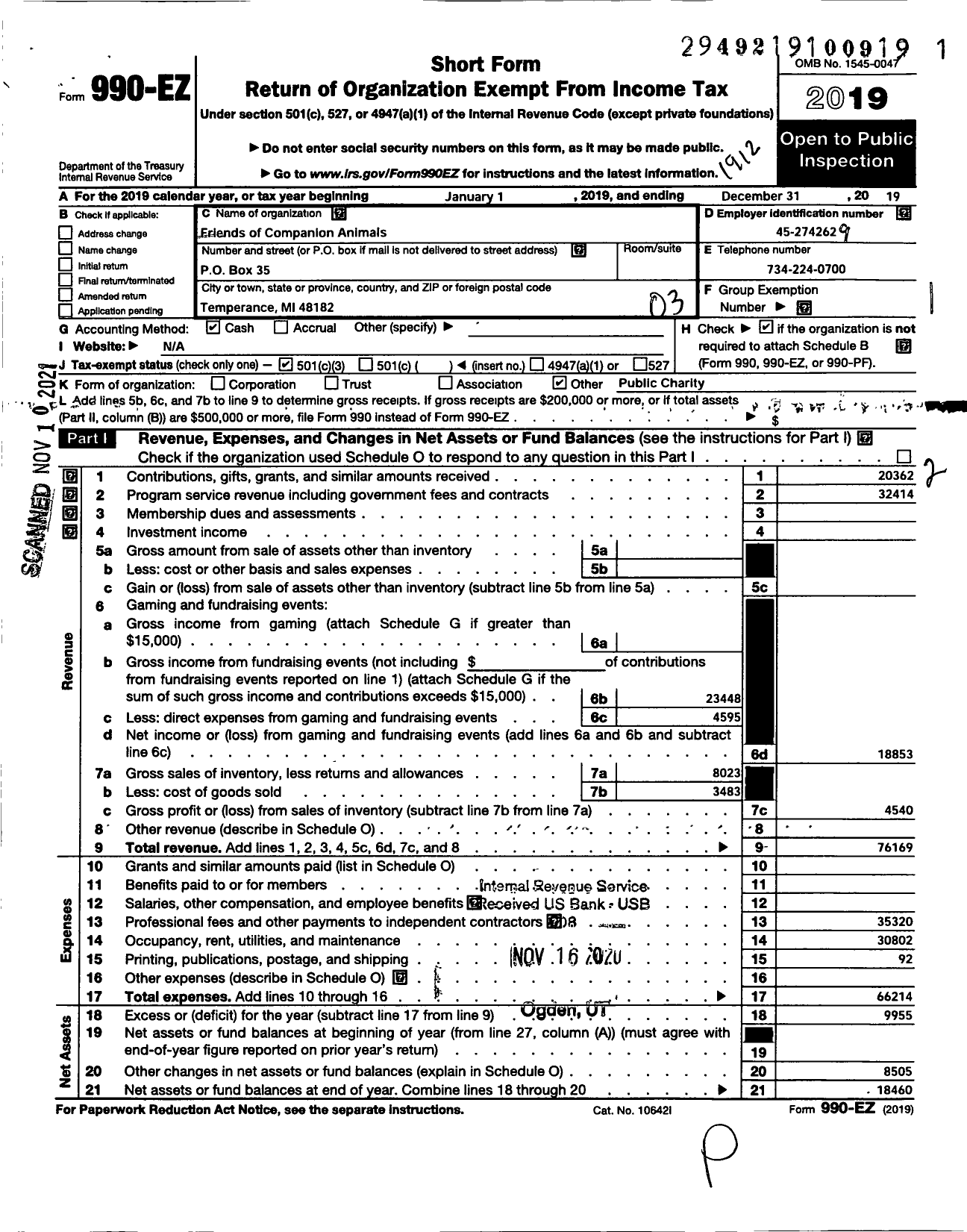 Image of first page of 2019 Form 990EZ for Friends of Companion Animals