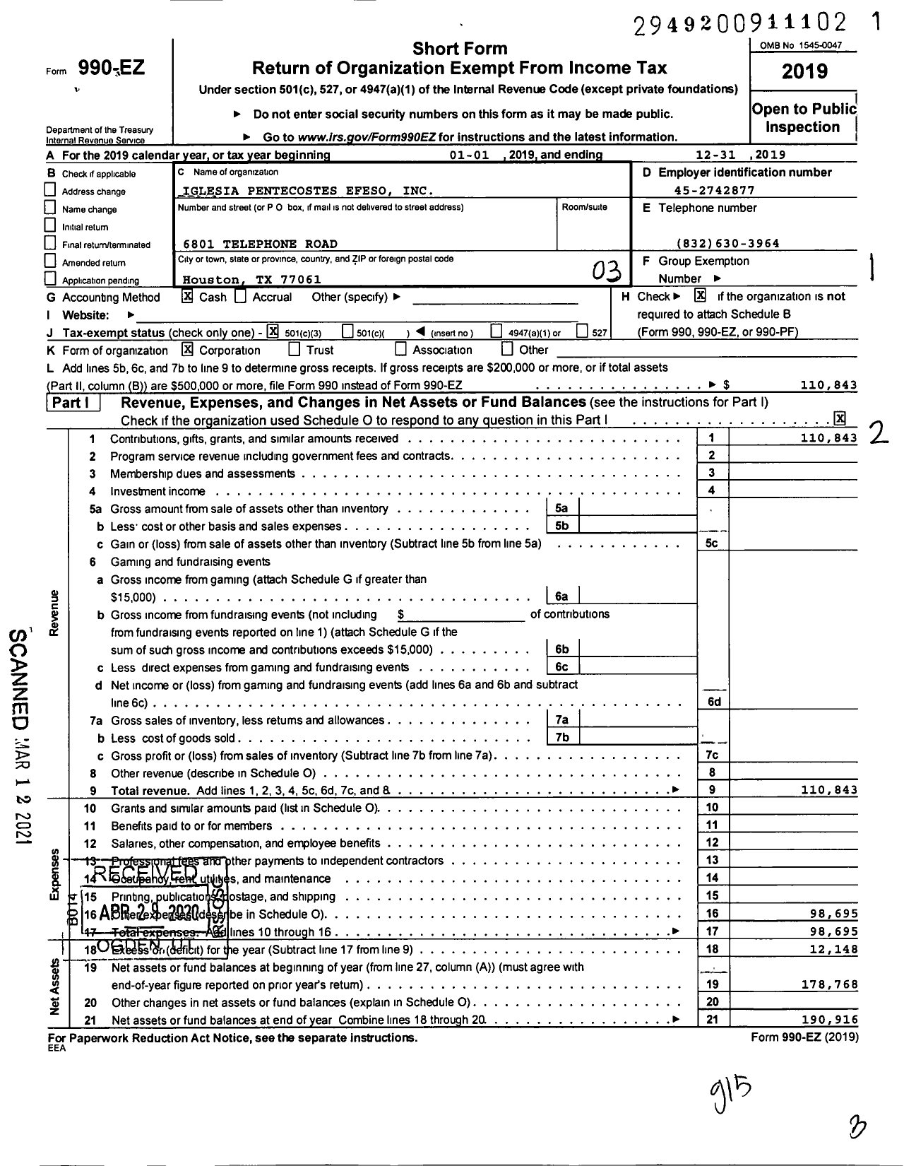 Image of first page of 2019 Form 990EZ for Iglesia Pentecostes Efeso