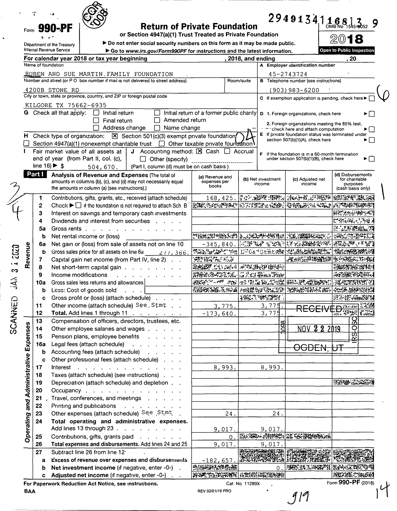 Image of first page of 2018 Form 990PF for Ruben and Sue Martin Family Foundation