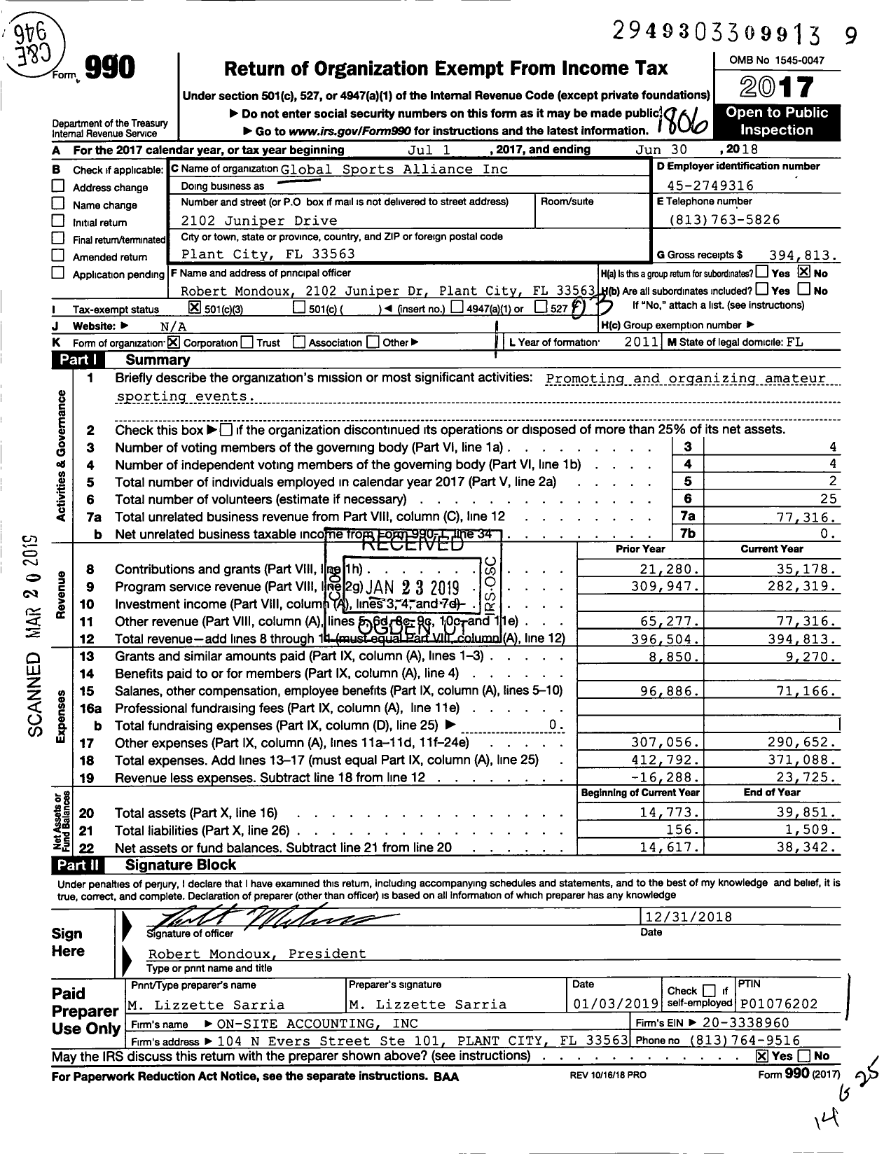 Image of first page of 2017 Form 990 for Global Sports Alliance