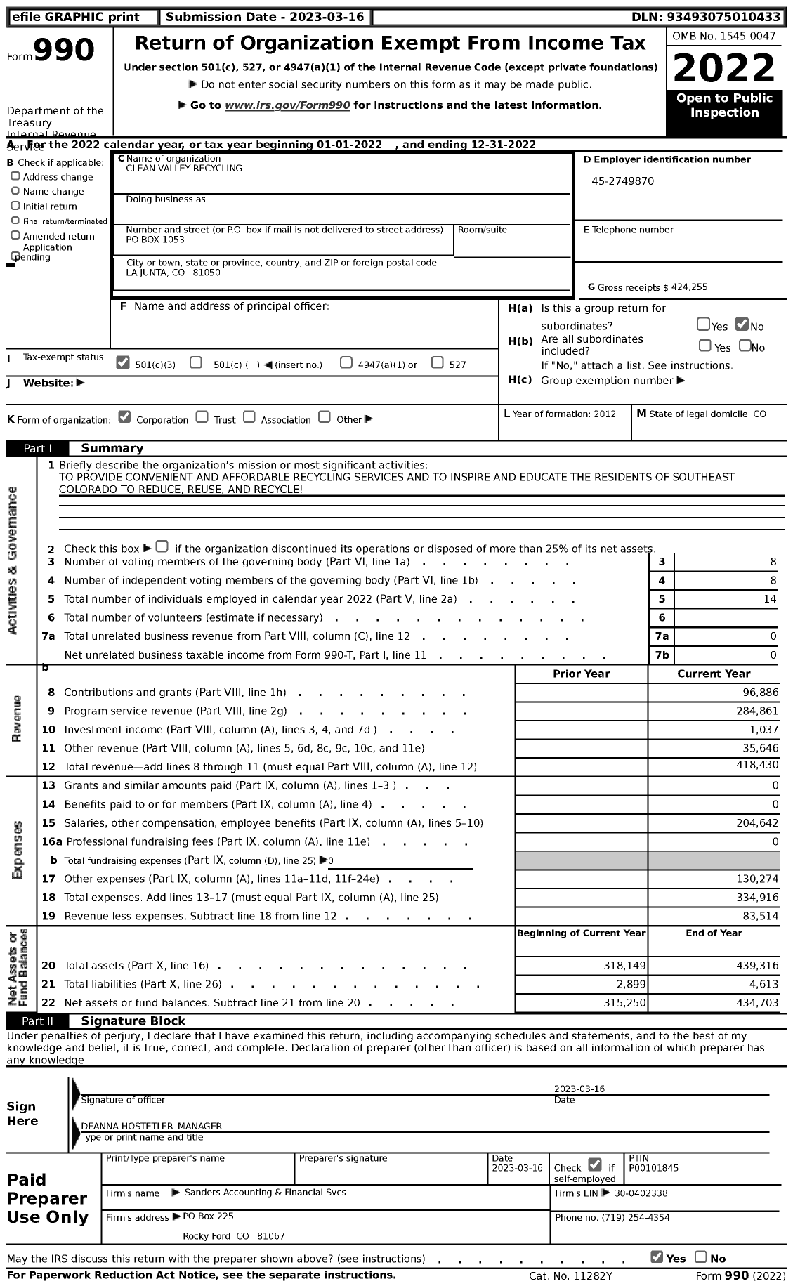 Image of first page of 2022 Form 990 for Clean Valley Recycling