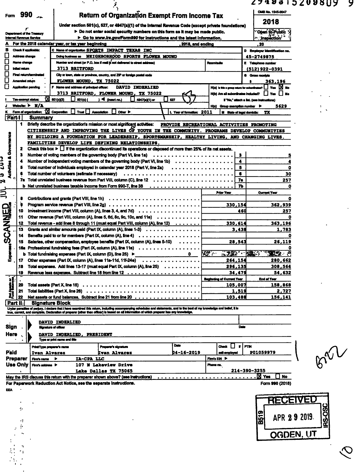 Image of first page of 2018 Form 990 for Neighborhood Sports Flower Mou