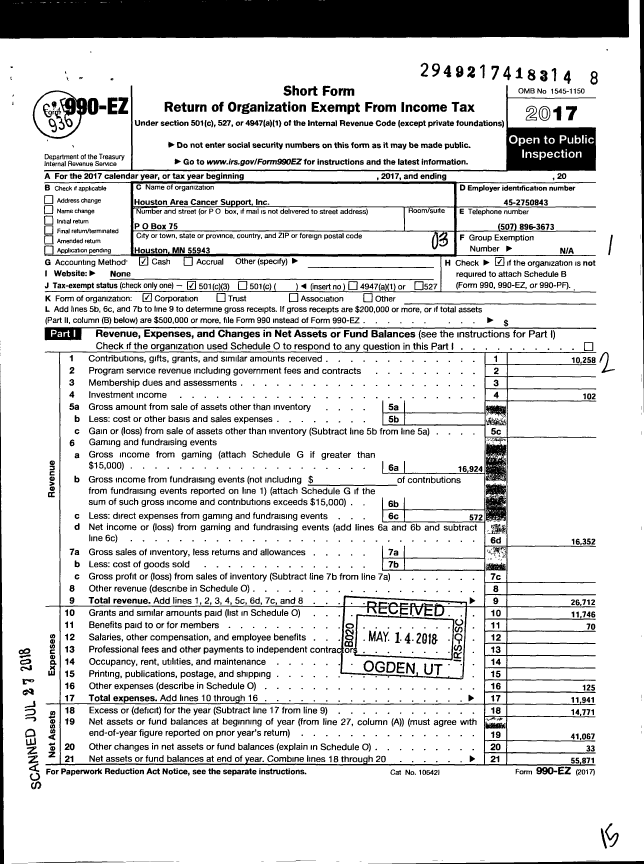 Image of first page of 2017 Form 990EZ for Houston Area Cancer Support