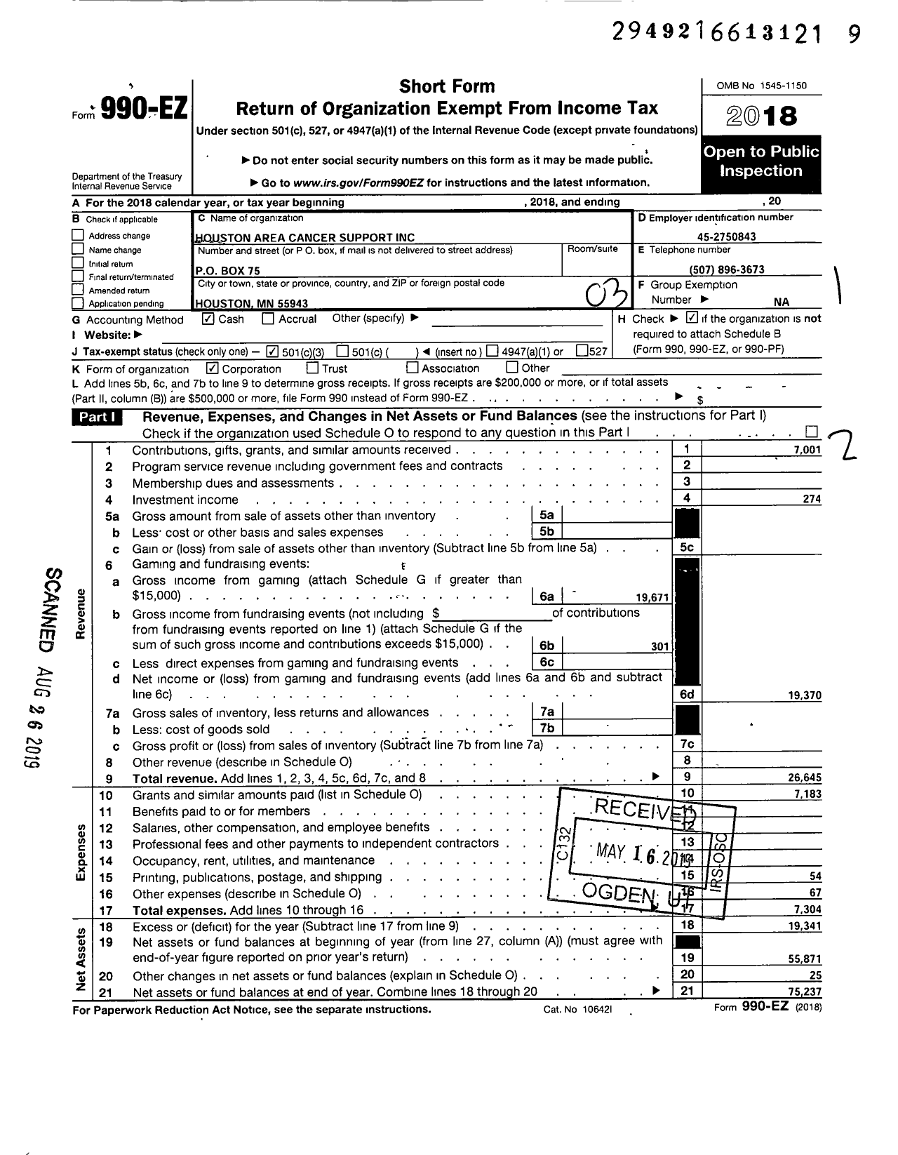 Image of first page of 2018 Form 990EZ for Houston Area Cancer Support