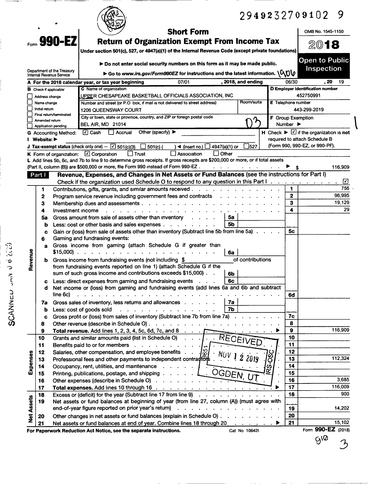 Image of first page of 2018 Form 990EZ for Upper Chesapeake Basketball Officials Association