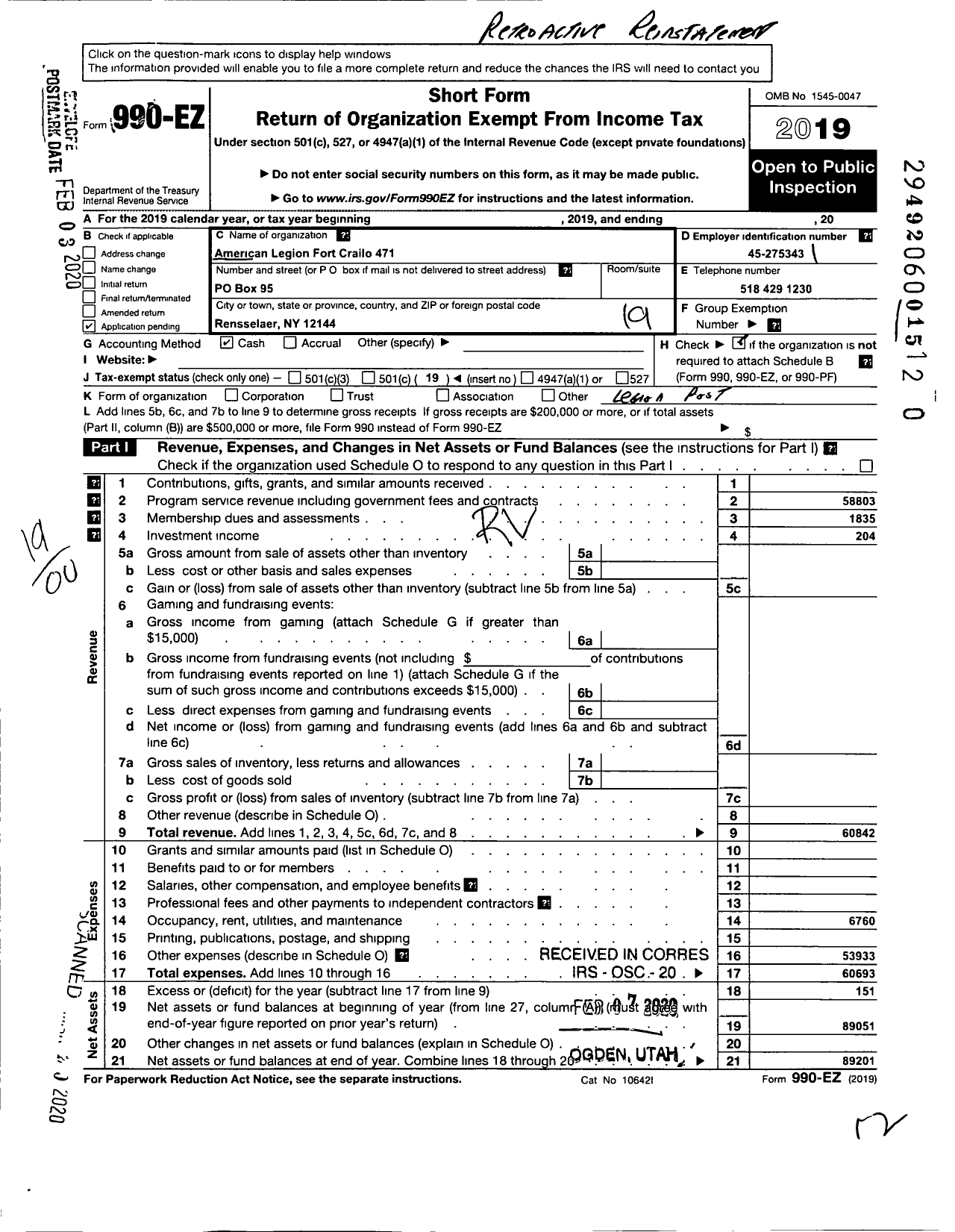 Image of first page of 2019 Form 990EO for American Legion Fort Crailo 471