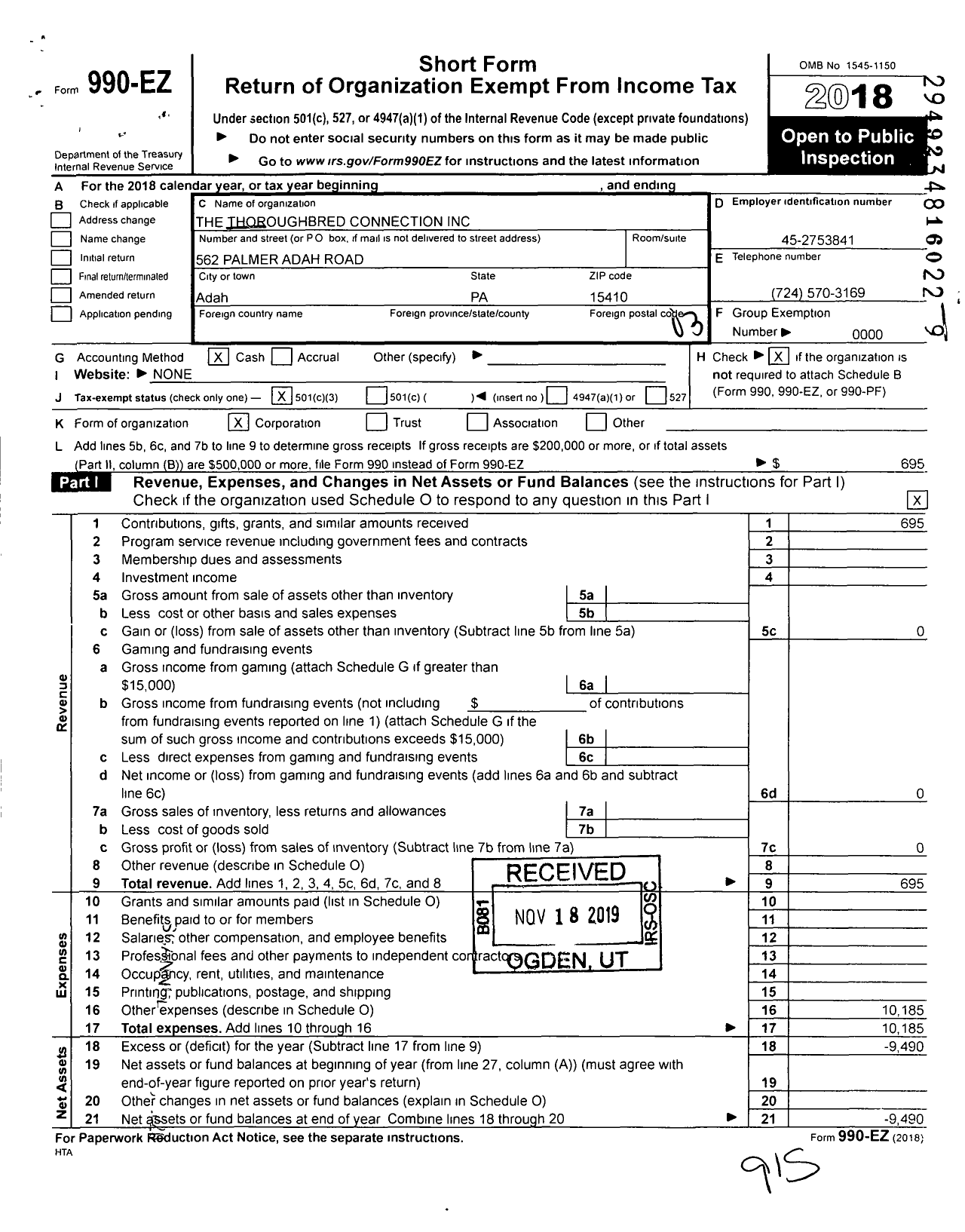 Image of first page of 2018 Form 990EZ for The Thoroughbred Connection