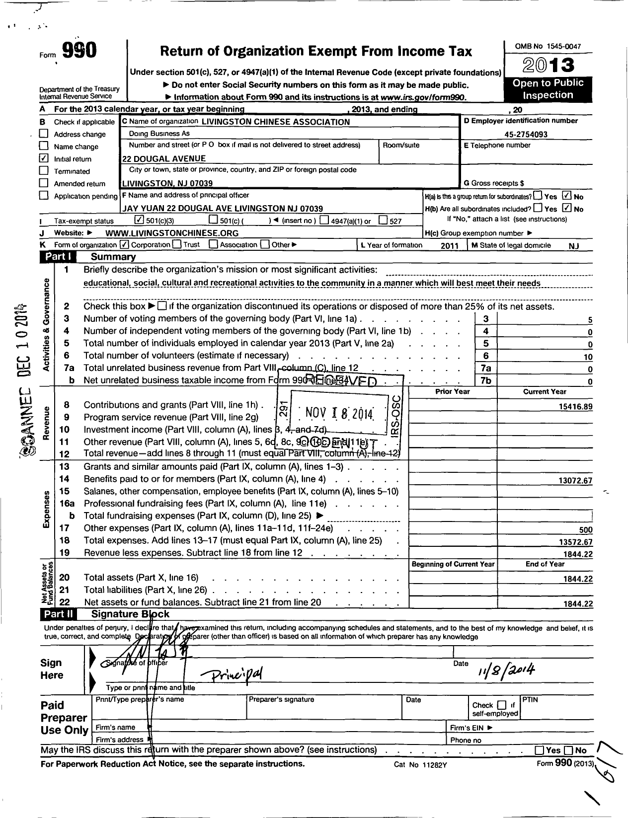 Image of first page of 2013 Form 990 for Livingston Chinese Association