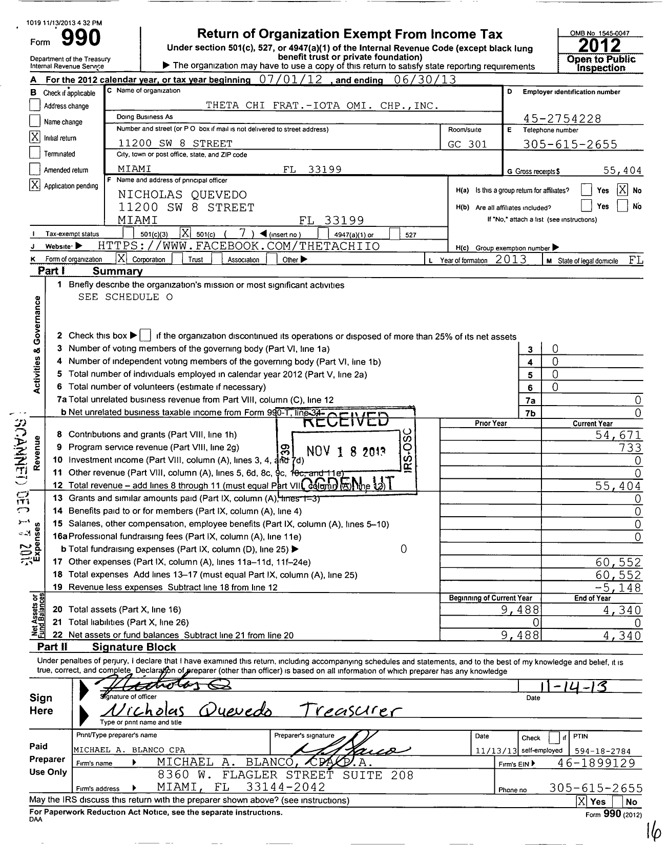 Image of first page of 2012 Form 990O for Theta Chi Frat Iota Omi CHP