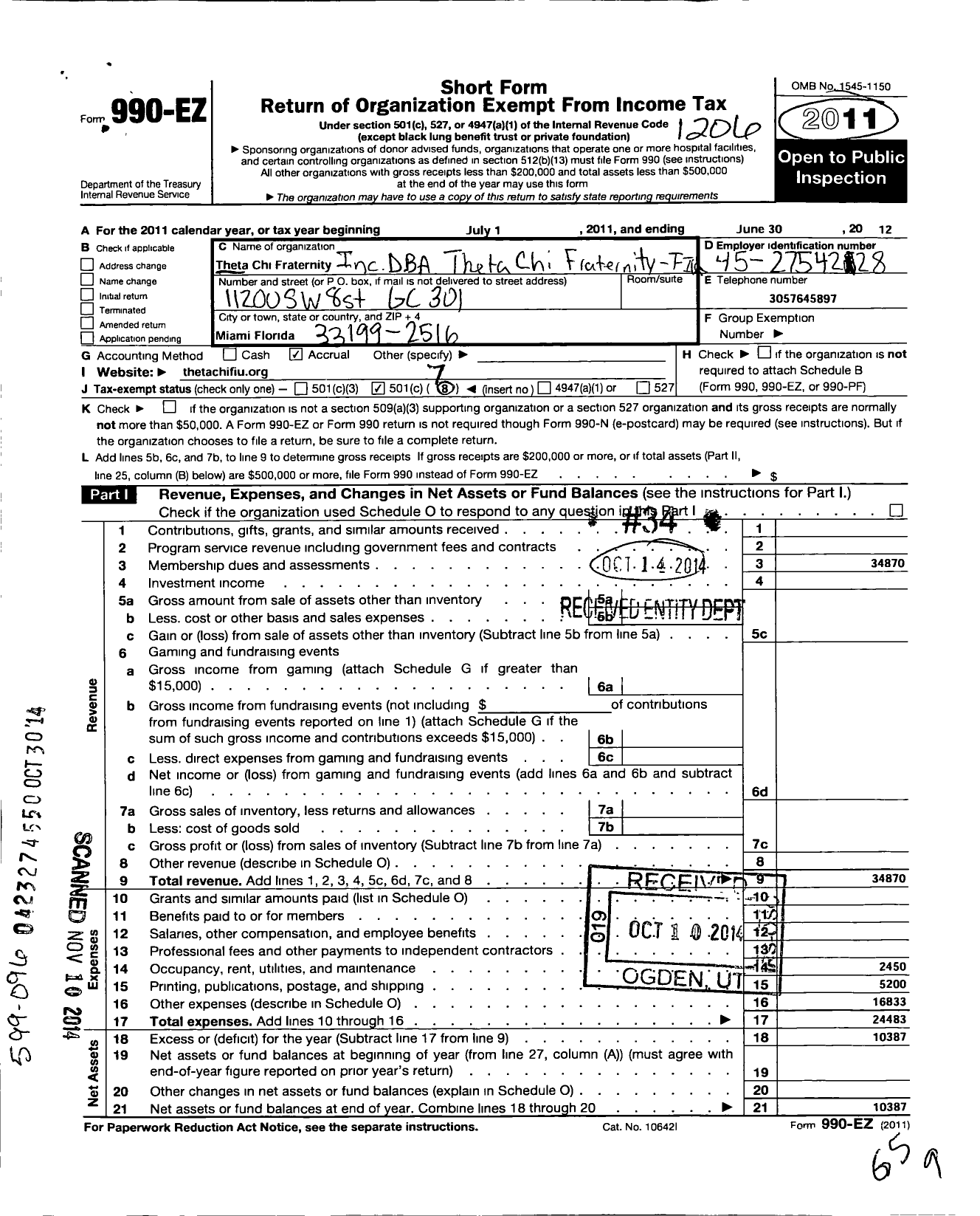 Image of first page of 2011 Form 990EO for Theta Chi Frat Iota Omi CHP