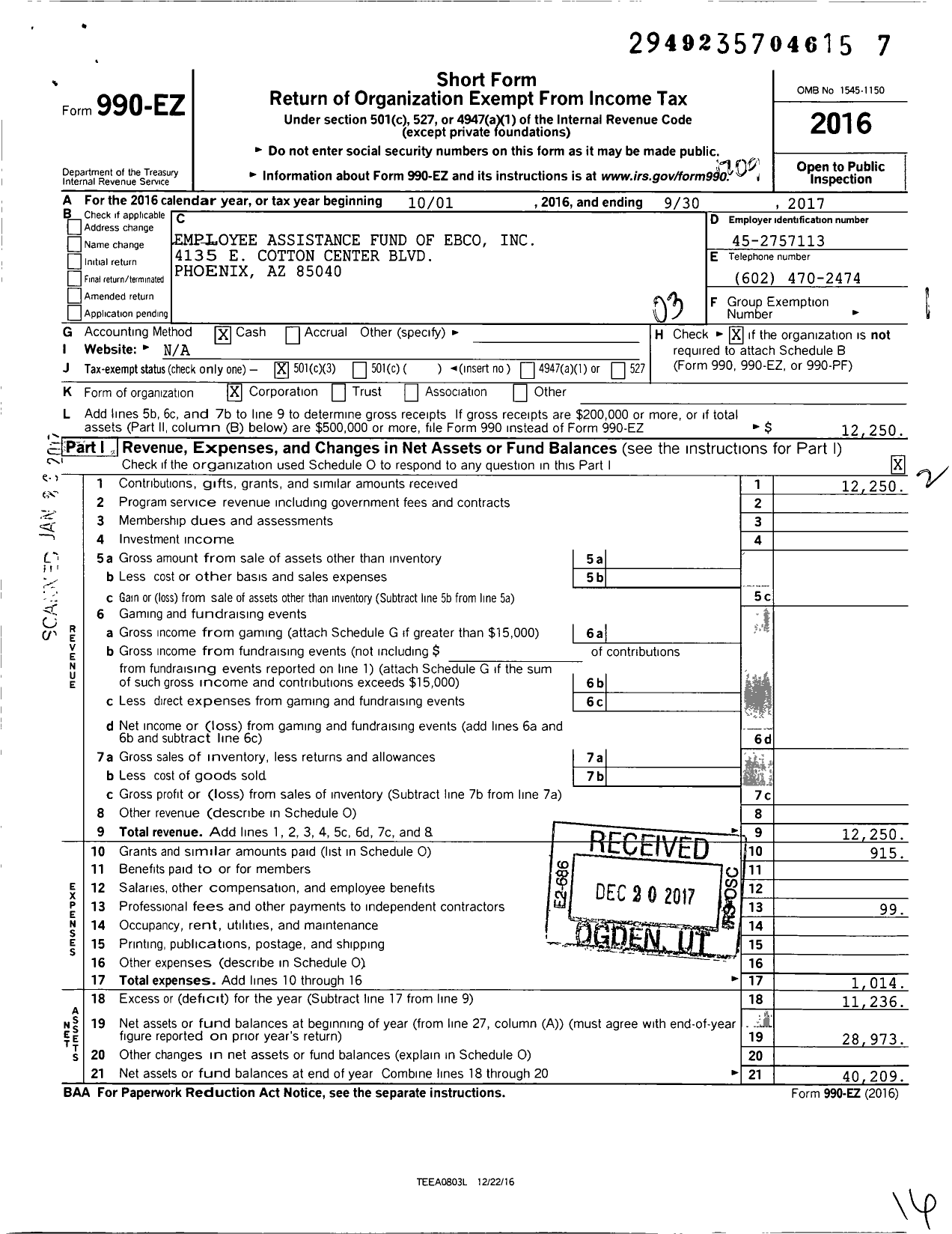 Image of first page of 2016 Form 990EZ for Employee Assistance Fund of Ebco