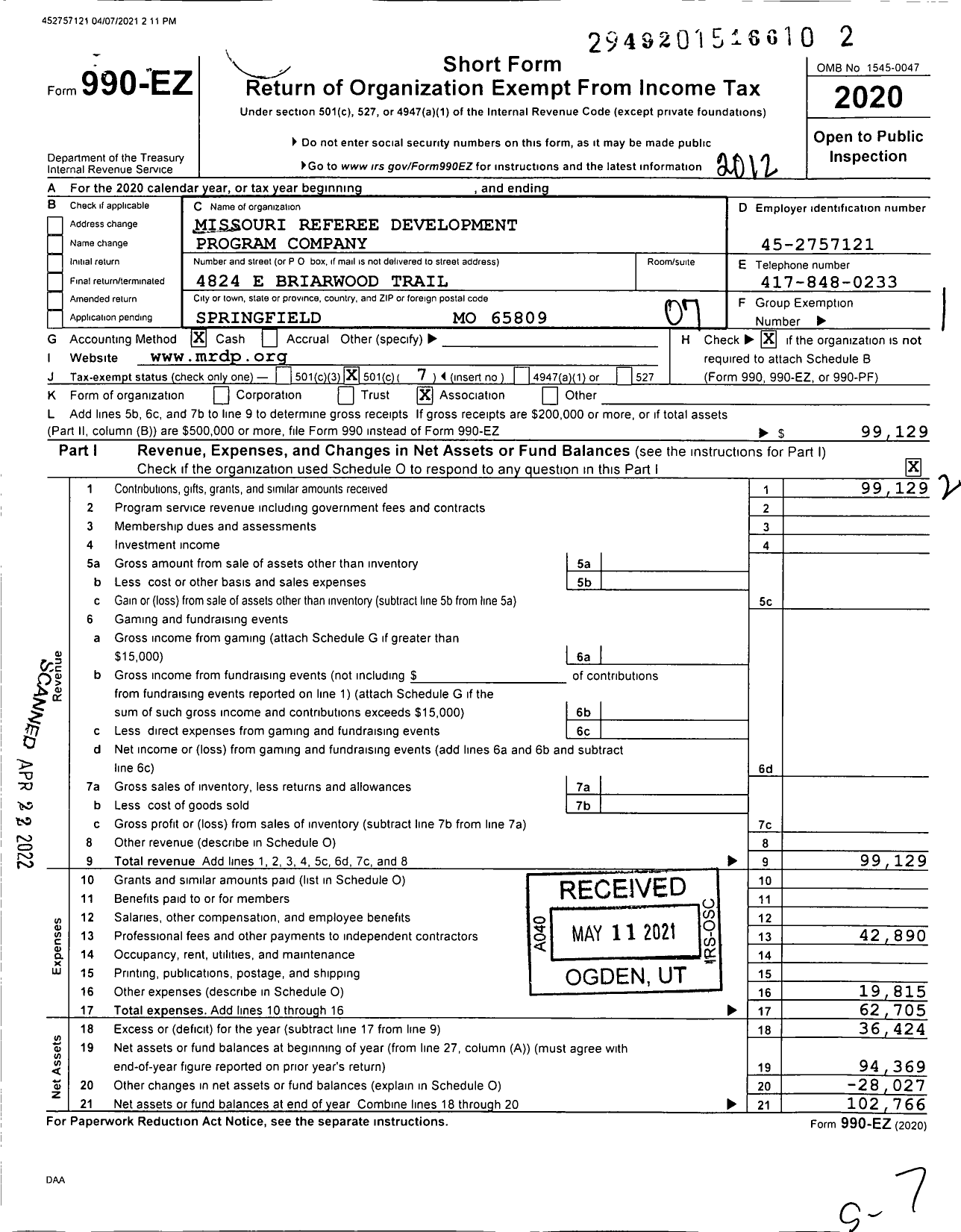 Image of first page of 2020 Form 990EO for Missouri Referee Development Program Company