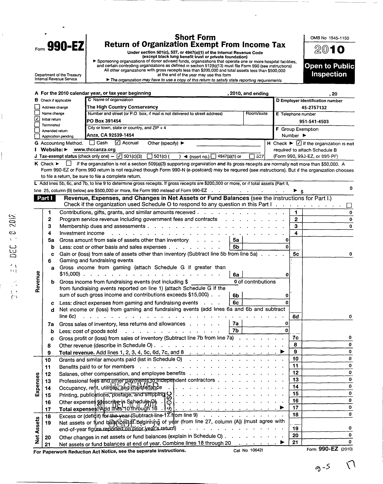 Image of first page of 2010 Form 990EZ for High Country Conservancy