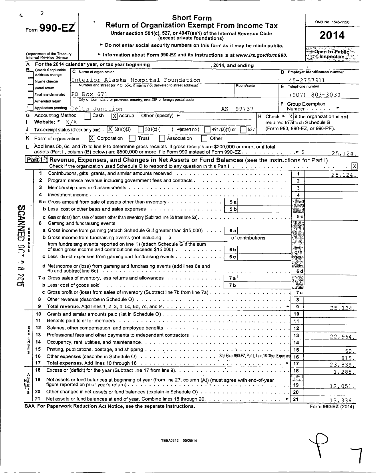 Image of first page of 2014 Form 990EZ for Interior Alaska Hospital Foundation