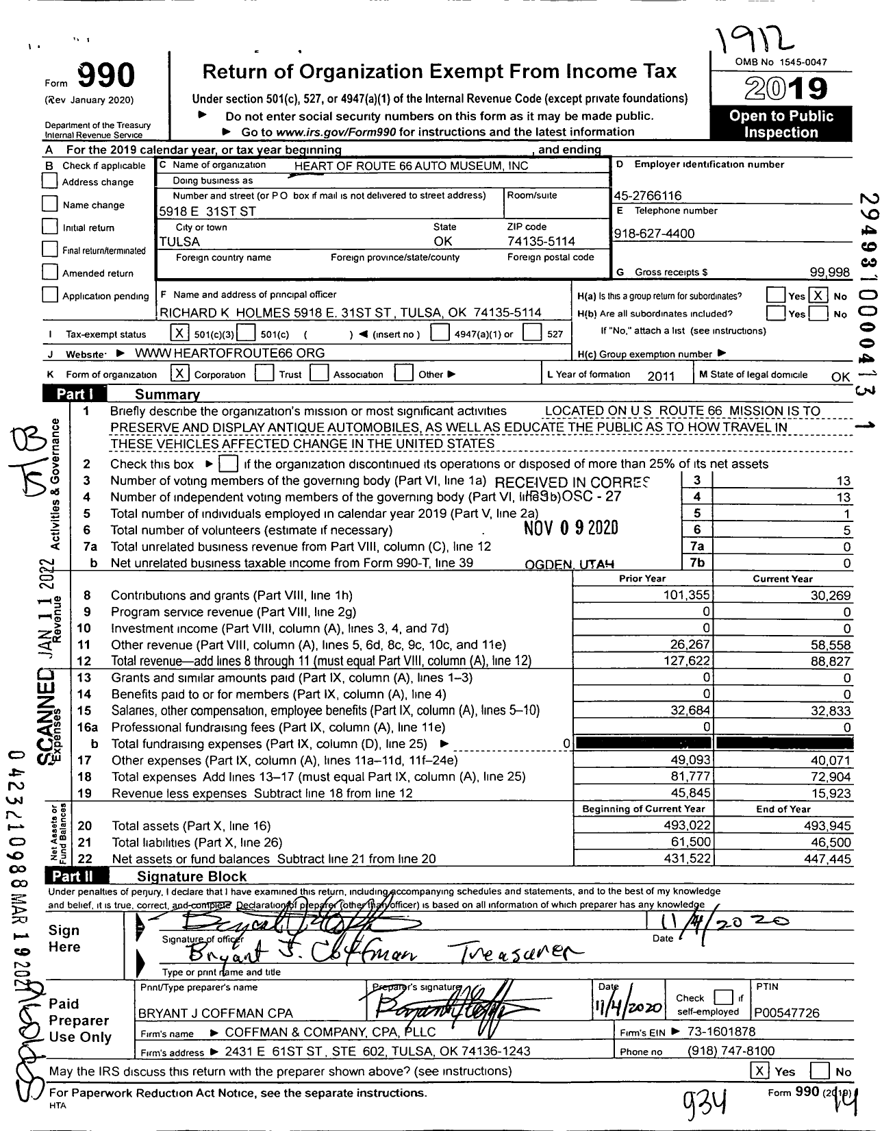 Image of first page of 2019 Form 990 for Heart of Route 66 Auto Museum