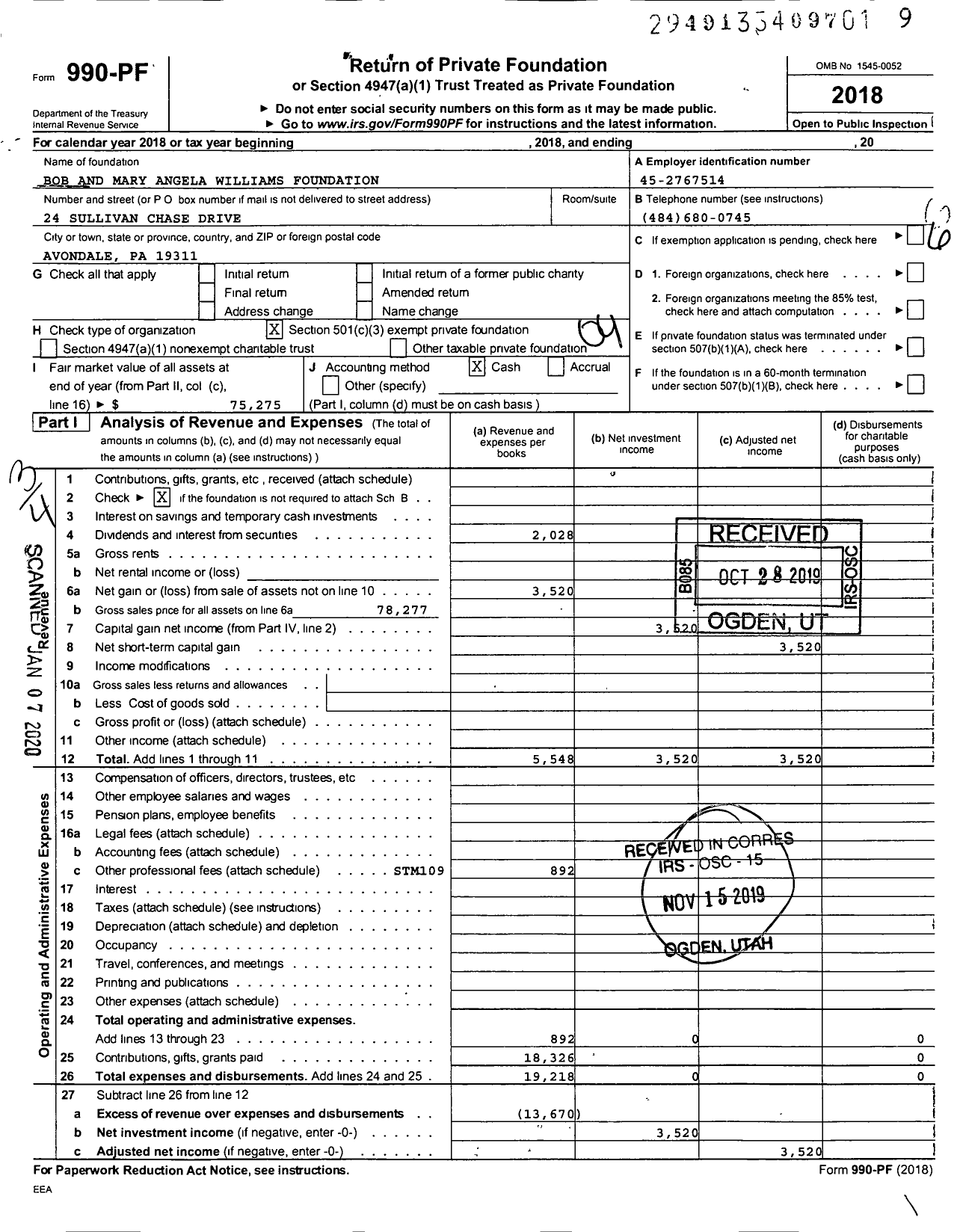 Image of first page of 2018 Form 990PF for Bob and Mary Angela Williams Foundation