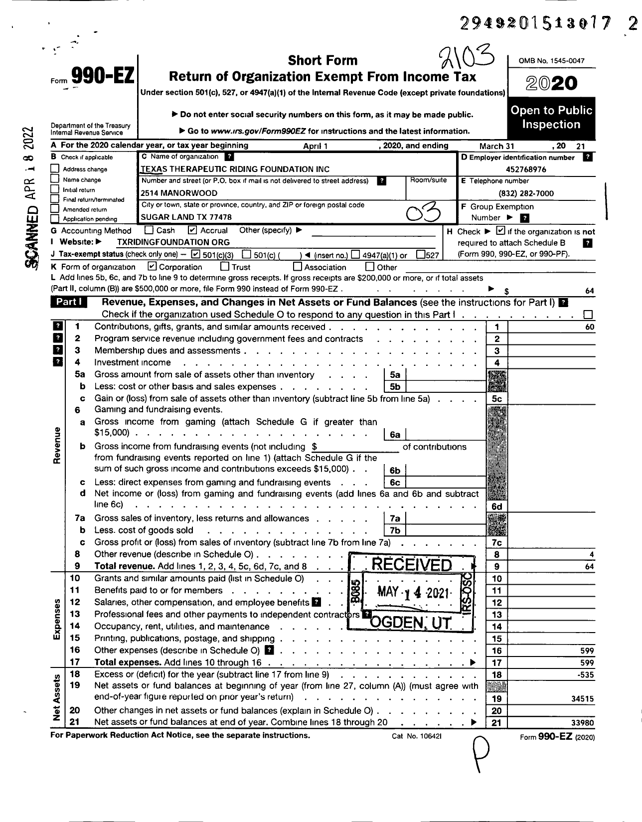 Image of first page of 2020 Form 990EZ for Texas Therapeutic Riding Foundation