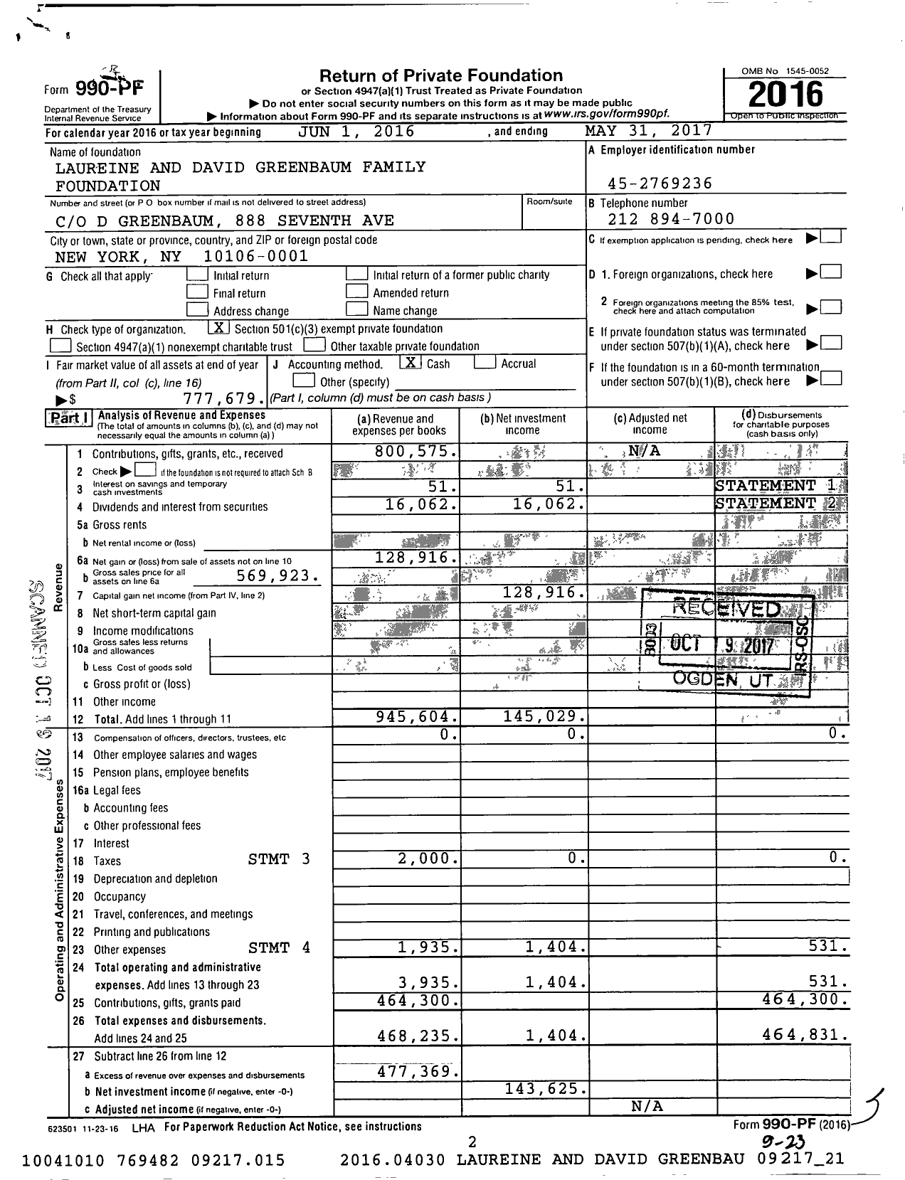 Image of first page of 2016 Form 990PF for Laureine and David Greenbaum Family Foundation