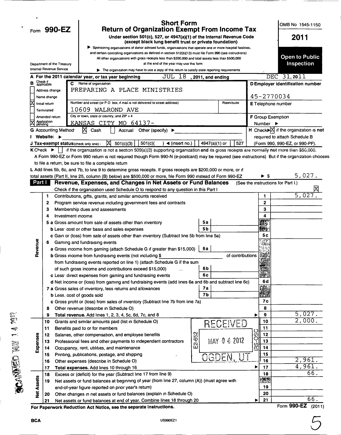 Image of first page of 2011 Form 990EZ for Preparing A Place Ministries