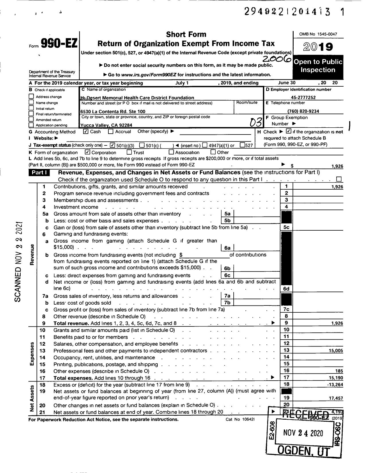 Image of first page of 2019 Form 990EZ for Hi-Desert Memorial Health Care District Foundation