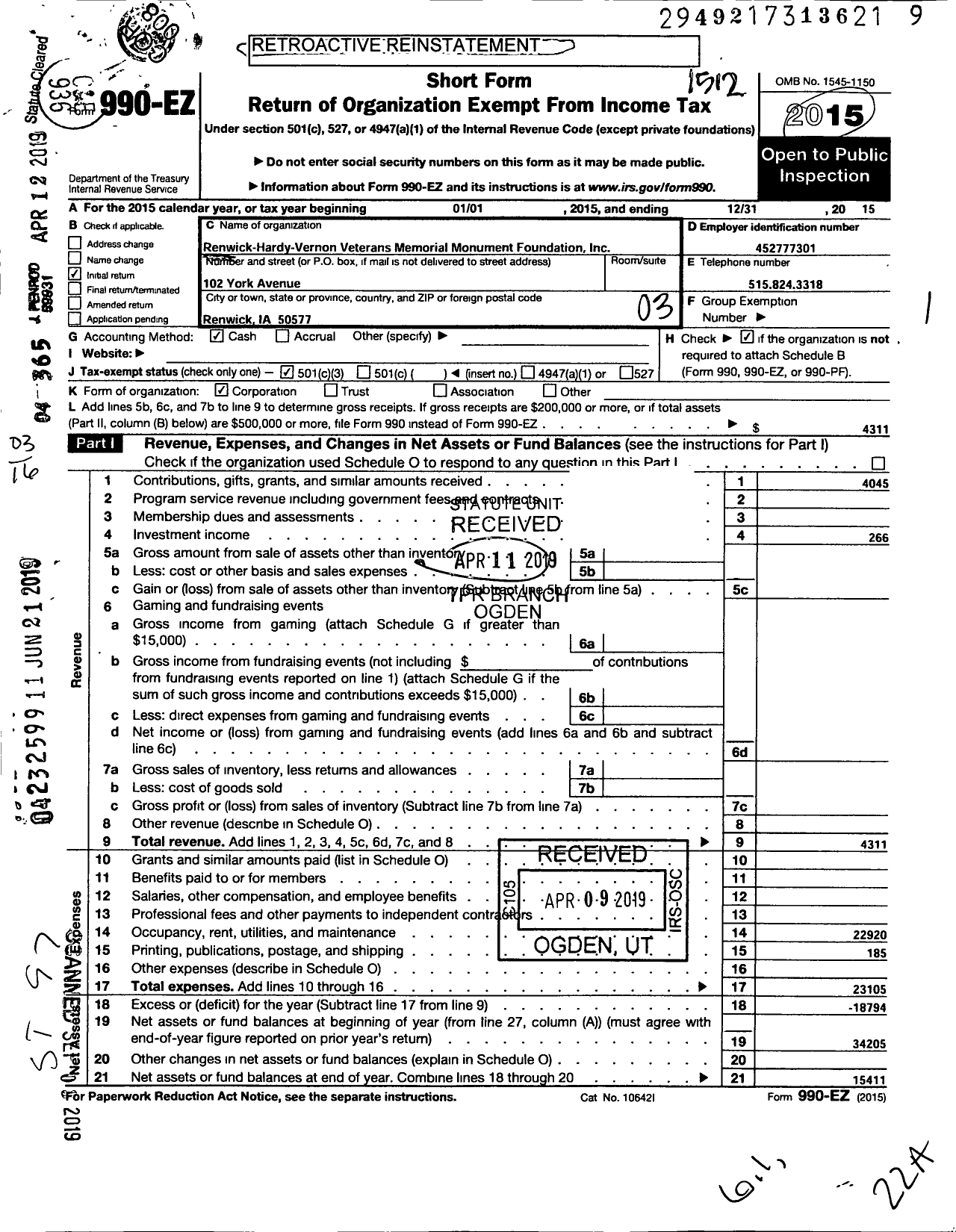 Image of first page of 2015 Form 990EZ for Renwick - Hardy - Vernon Veterans Memorial Monument Foundation