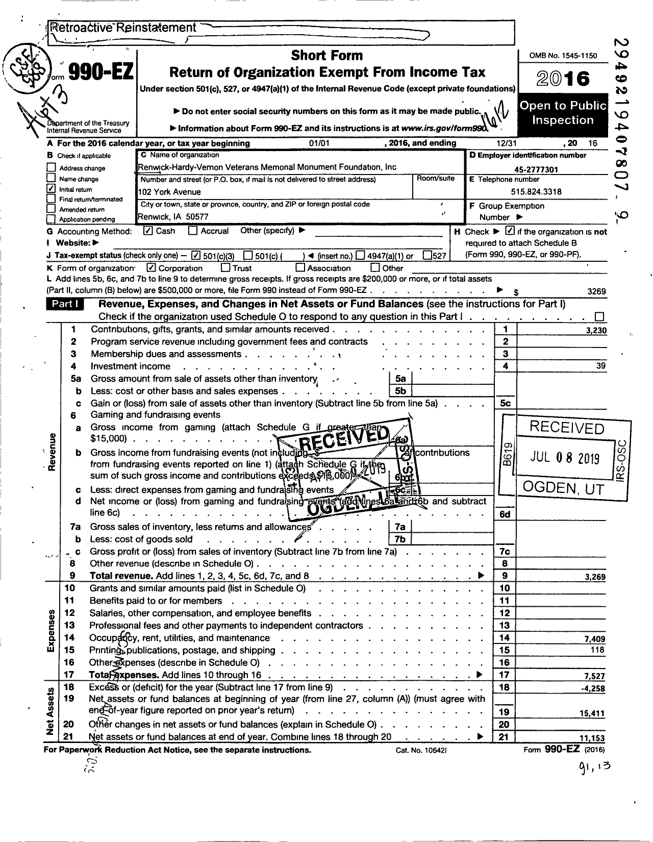 Image of first page of 2016 Form 990EZ for Renwick - Hardy - Vernon Veterans Memorial Monument Foundation