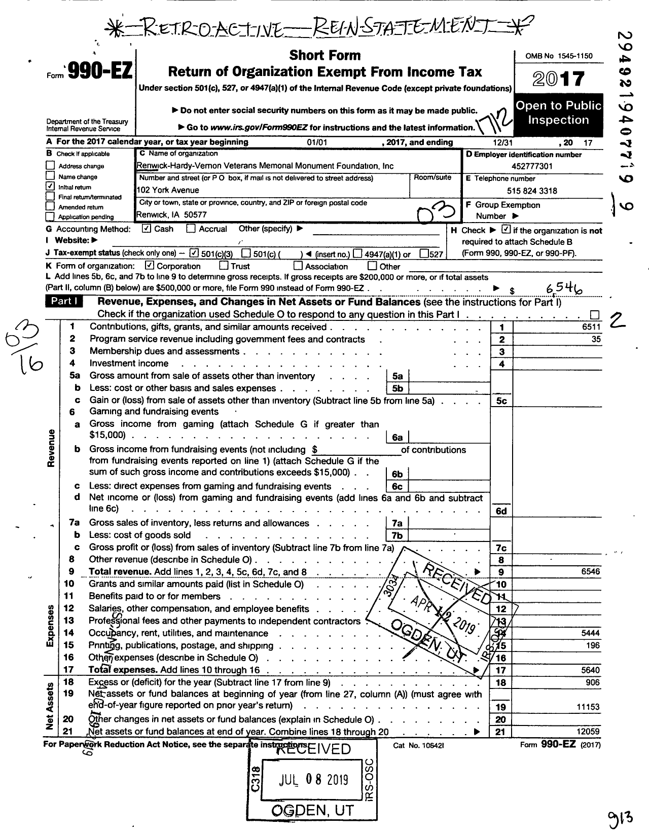 Image of first page of 2017 Form 990EZ for Renwick - Hardy - Vernon Veterans Memorial Monument Foundation