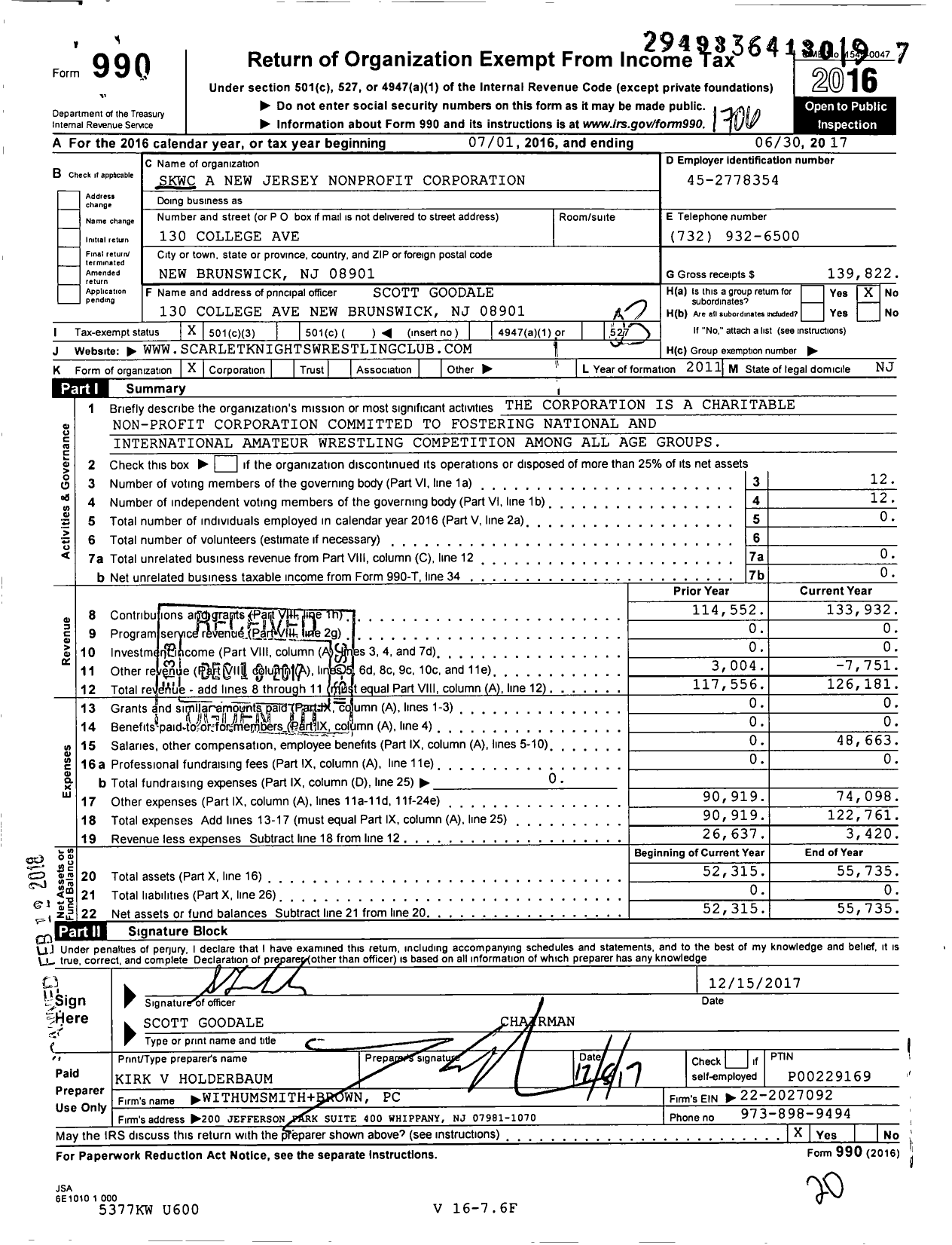 Image of first page of 2016 Form 990 for SKWC A New Jersey Nonprofit Corporation