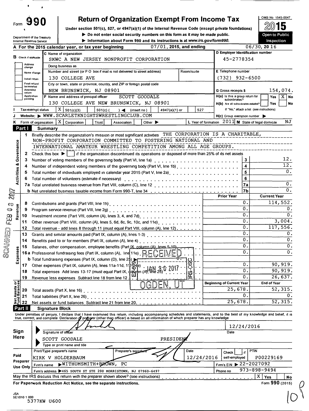 Image of first page of 2015 Form 990 for SKWC A New Jersey Nonprofit Corporation