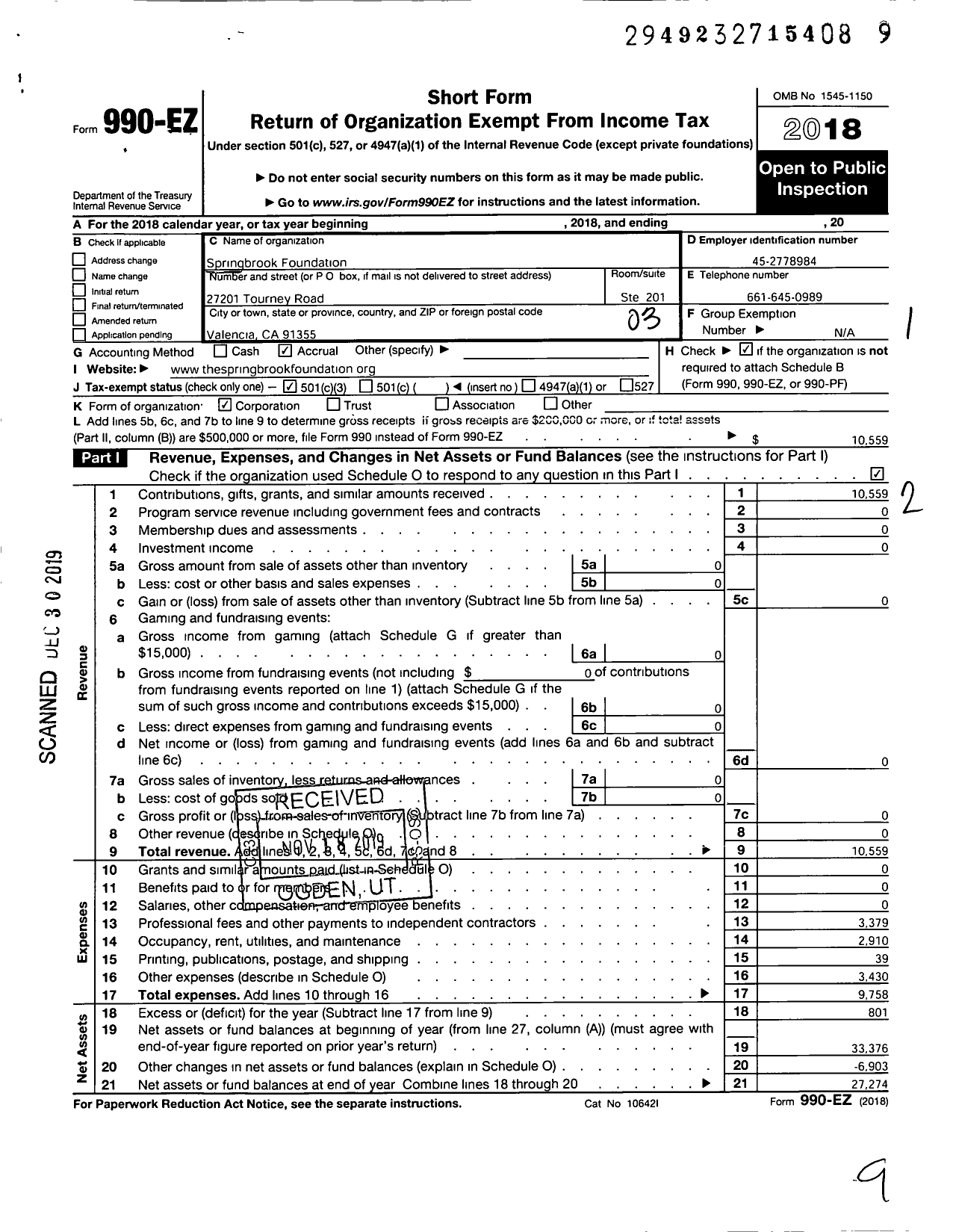 Image of first page of 2018 Form 990EZ for Springbrook Foundation