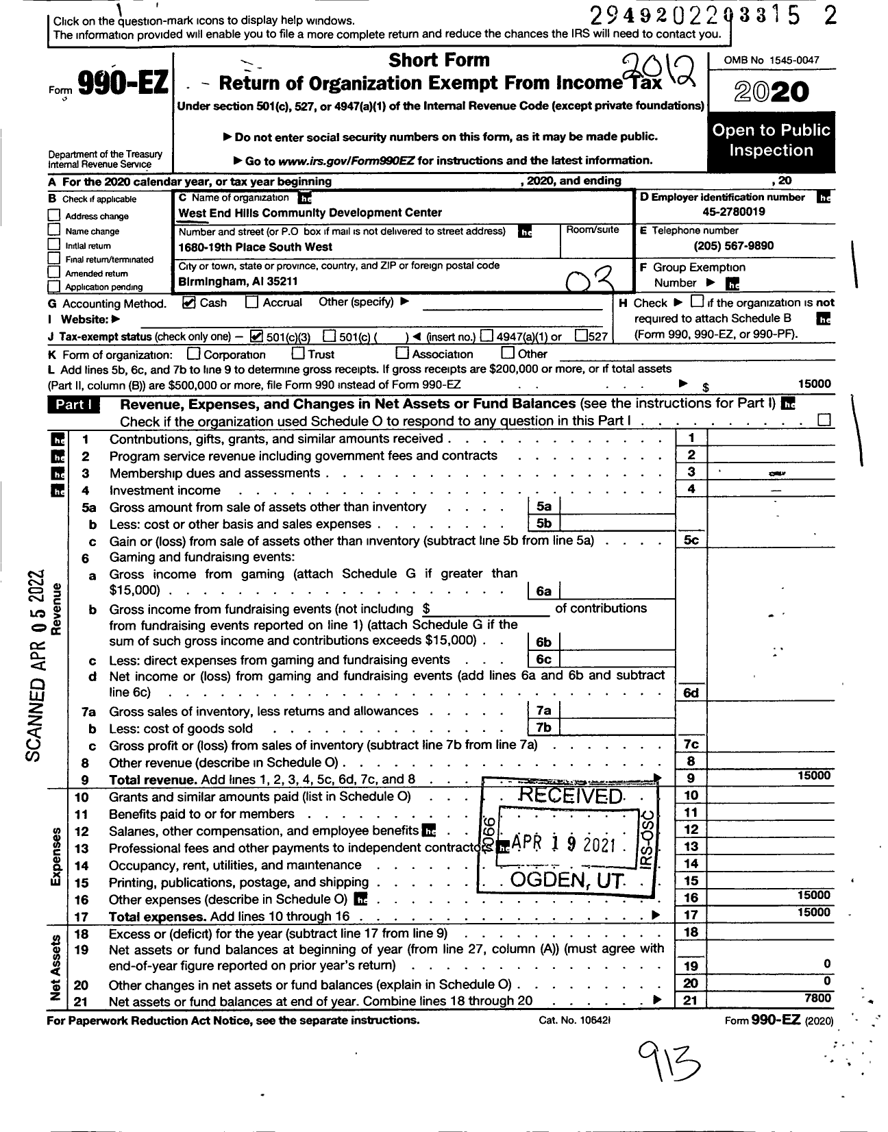 Image of first page of 2020 Form 990EZ for West End Hills Community Development Center