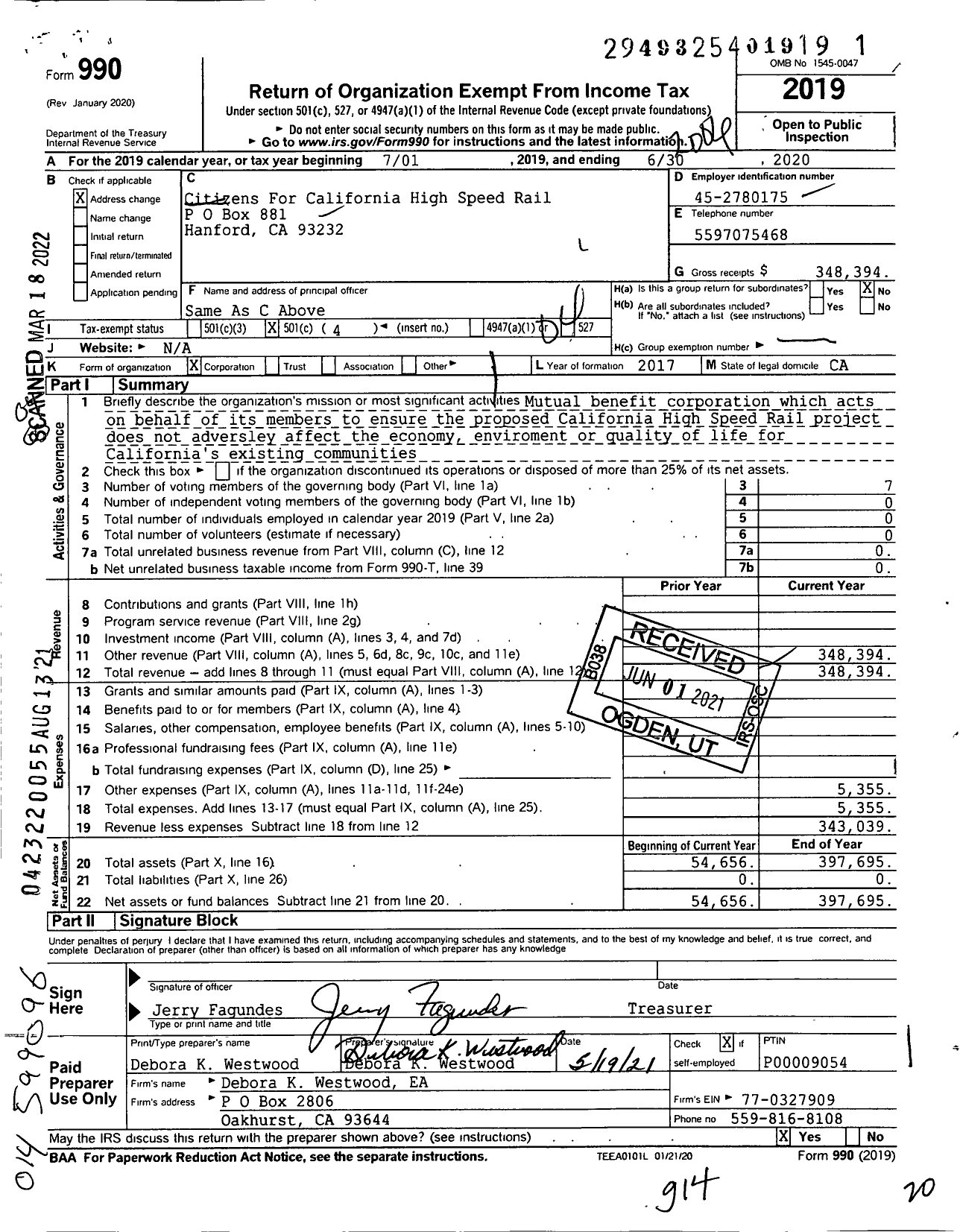 Image of first page of 2019 Form 990O for Citizens for California High Speed Rail Accountability
